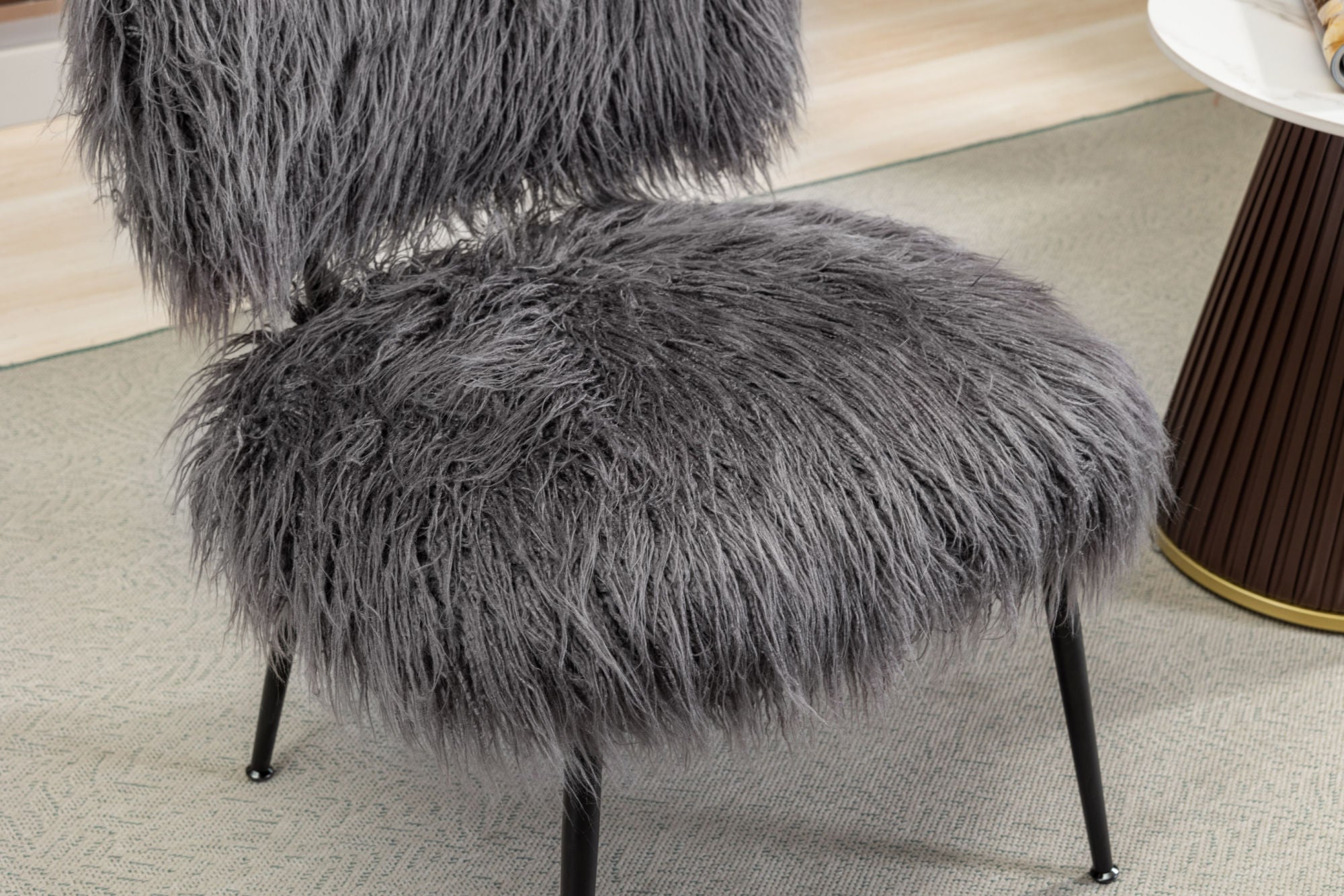 25.2'' Wide Faux Fur Plush Accent Chair With Ottoman, Living Room Chair With Footrest, Fluffy Upholstered Armless Chair And Stool, Comfy Mid Century Modern Chair for Living Room, Bedroom (Gray)