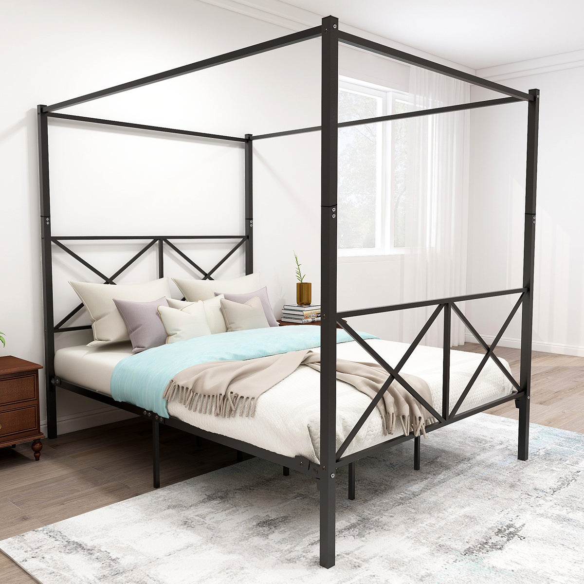 Metal Canopy Bed Frame; Platform Bed Frame Queen with X Shaped Frame Queen Black