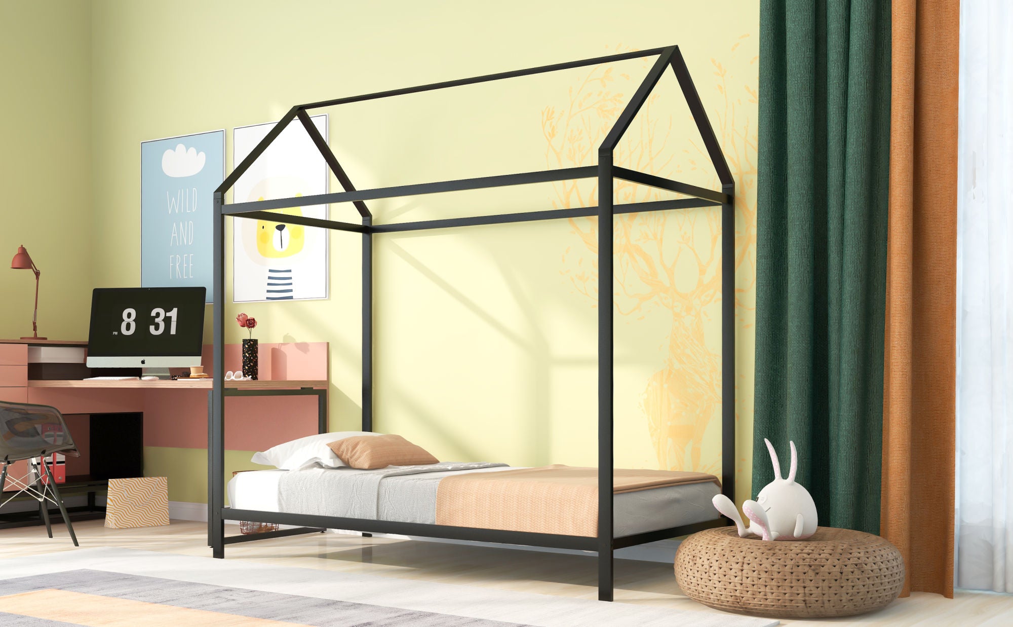 House Bed Frame Twin Size , Kids Bed Frame Metal Platform Bed Floor Bed for Kids Boys Girls No Box Spring Needed Black