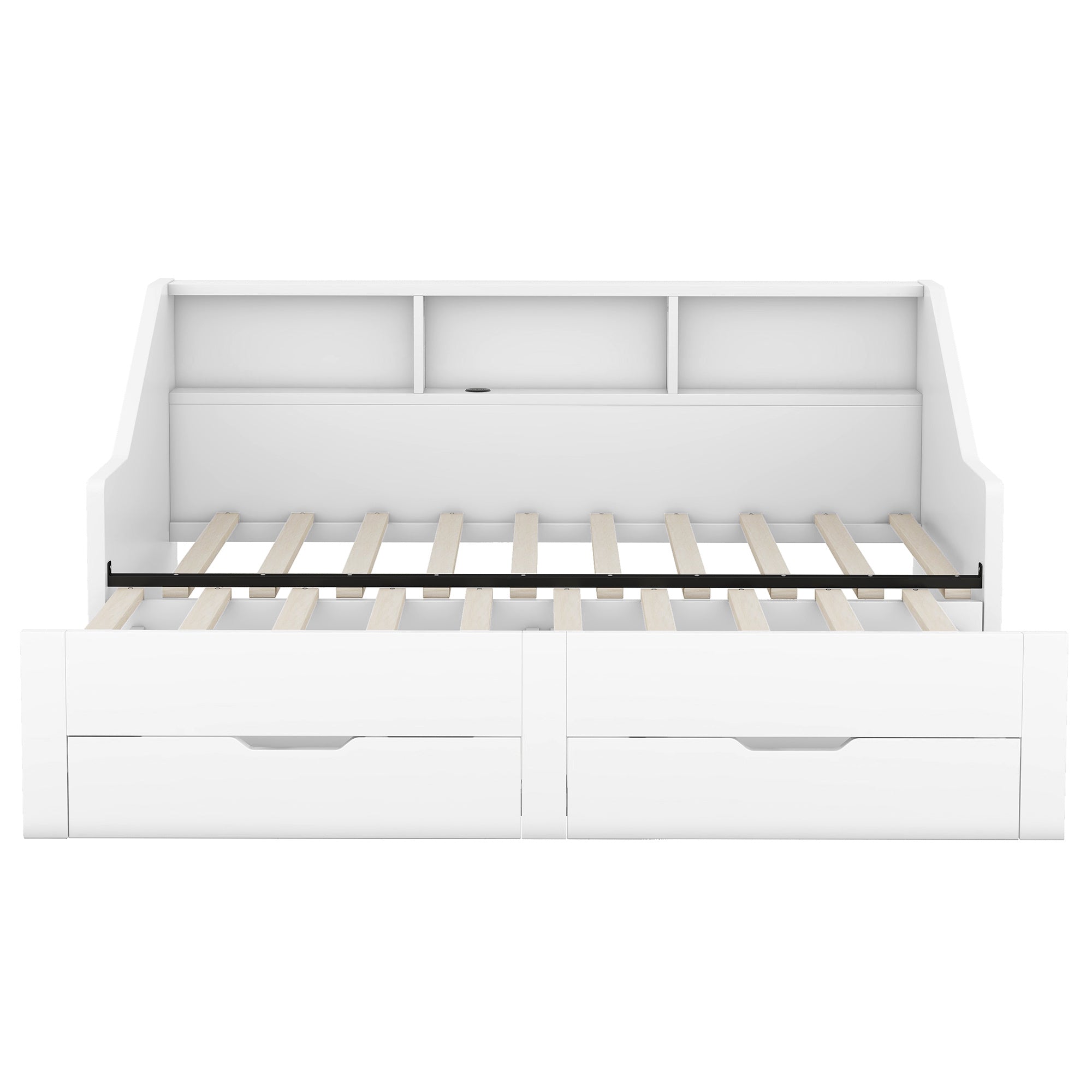 Twin to King Size Daybed Frame with Storage Bookcases and Two Drawers,Charging Design,White