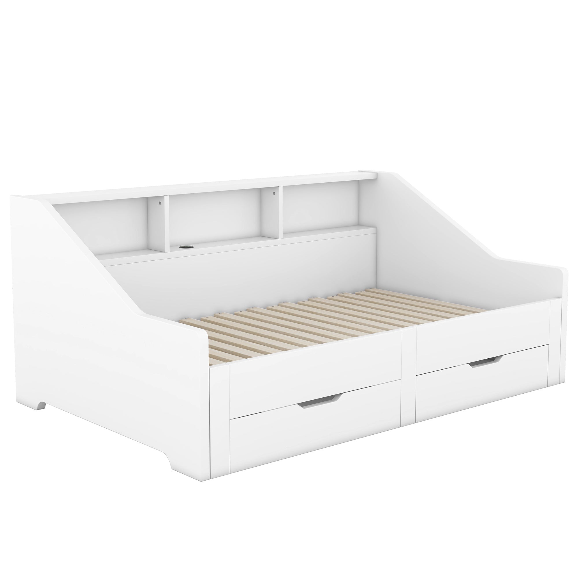 Twin to King Size Daybed Frame with Storage Bookcases and Two Drawers,Charging Design,White