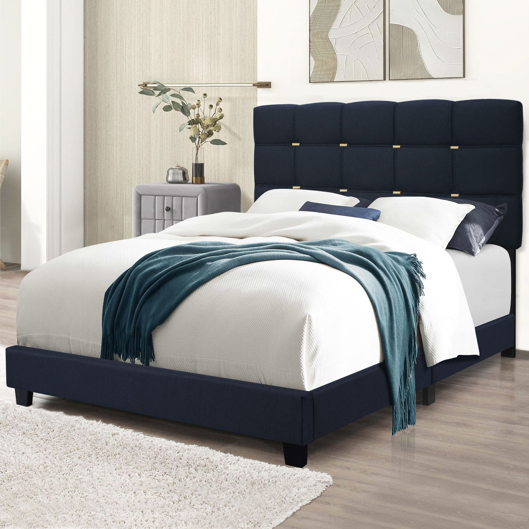 THE BLACK SERIES QUEEN SIZE ADJUSTABLE UPHOLSTERED BED FRAME WITH GOLD ACCENTS ON THE HEADBOARD HAS AN ELEGANT LOOK AND REQUIRES NO SPRINGS!