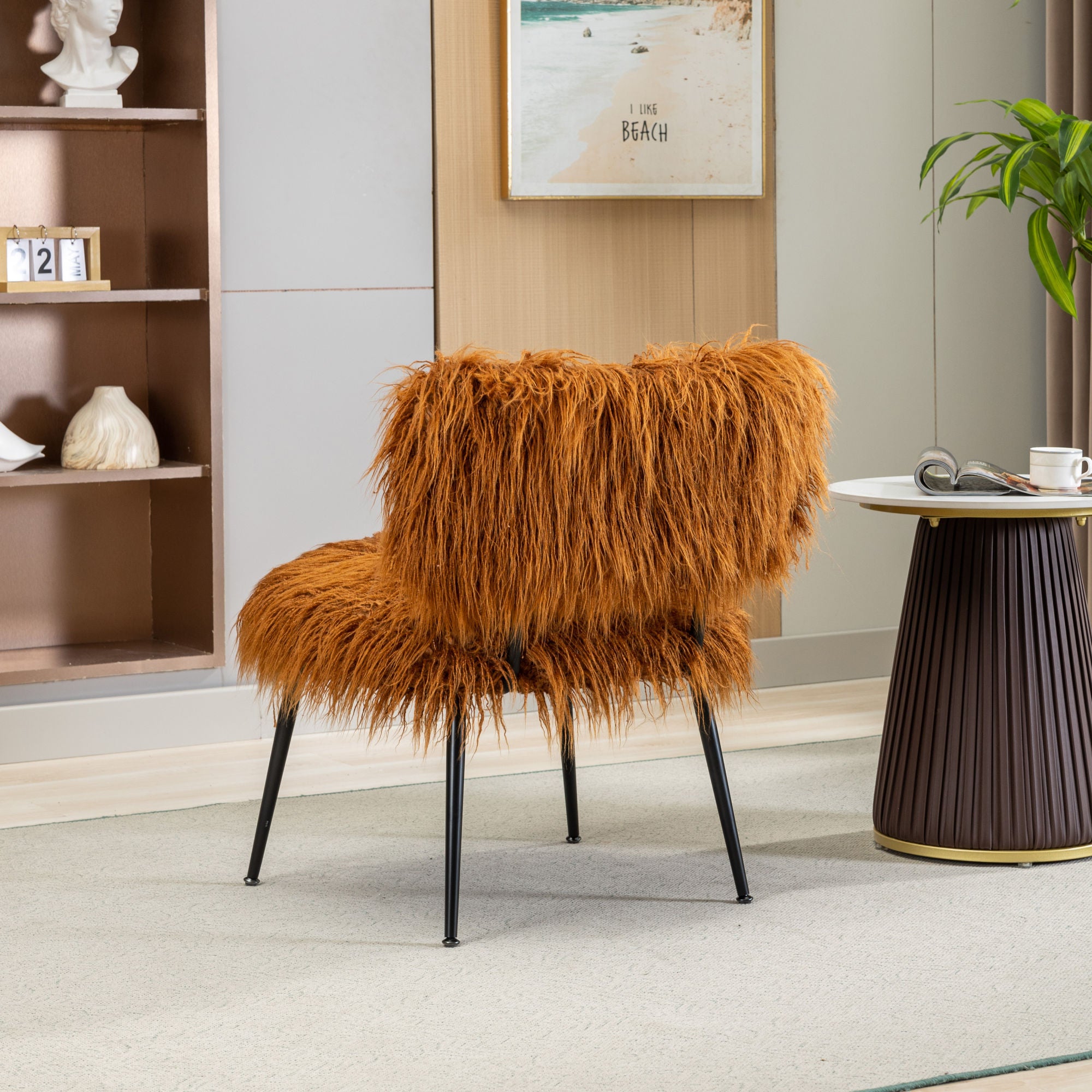 25.2'' Wide Faux Fur Plush Accent Chair With Ottoman, Living Room Chair With Footrest, Fluffy Upholstered Armless Chair And Stool, Comfy Mid Century Modern Chair for Living Room, Bedroom (Caramel)