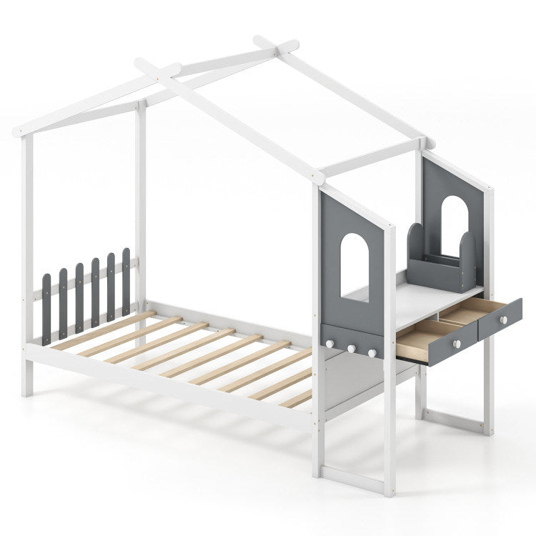 Twin/Full Bed Frame with House Roof Canopy and Fence for Kids