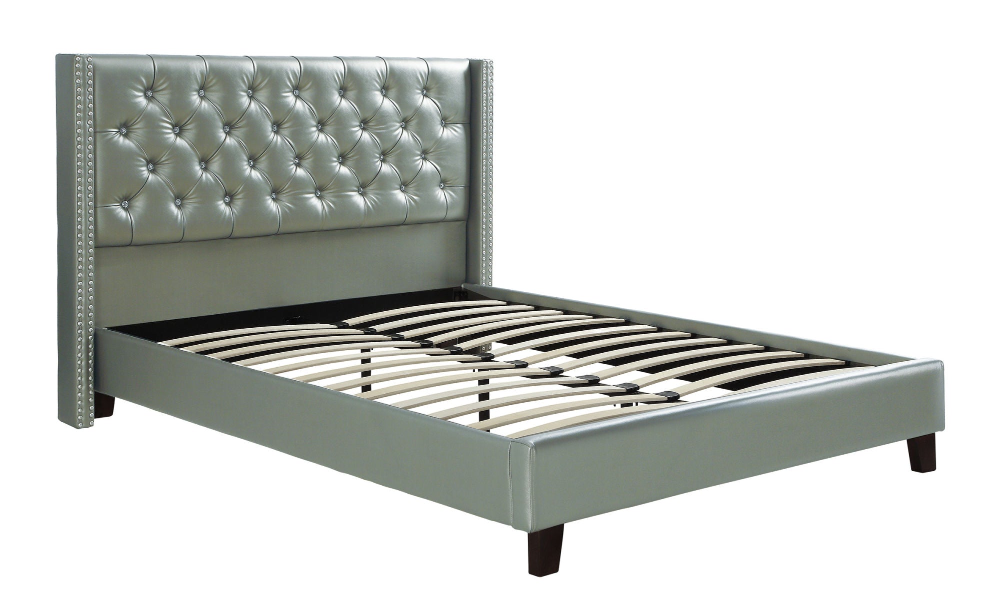 Full Size Bed 1pc Bed Set Silver Faux Leather Upholstered Tufted Bed Frame Headboard Bedroom Furniture