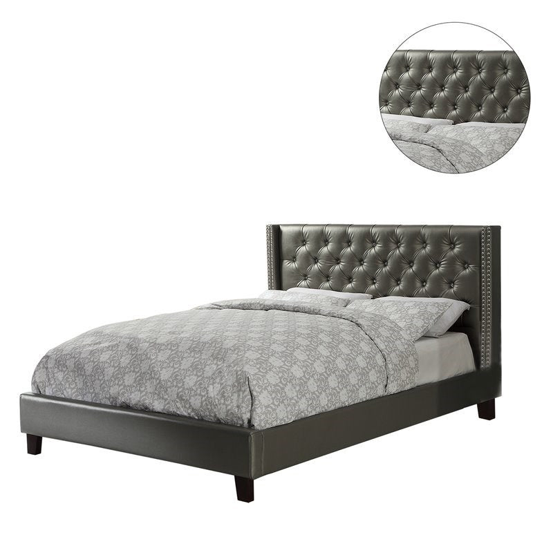 Full Size Bed 1pc Bed Set Silver Faux Leather Upholstered Tufted Bed Frame Headboard Bedroom Furniture