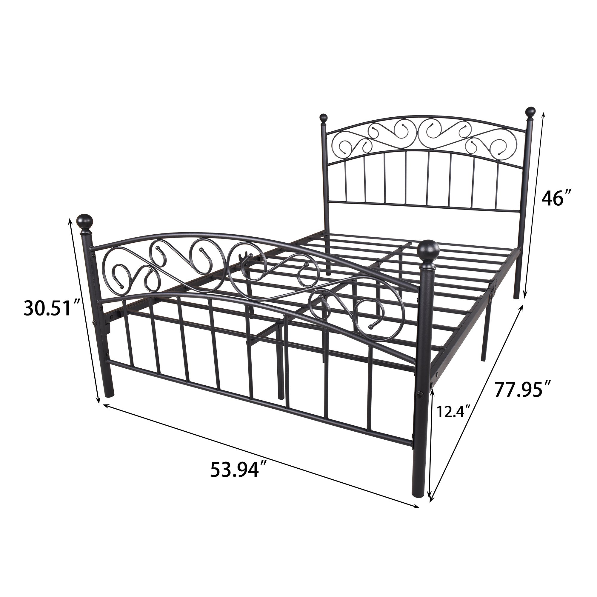 Metal bed frame platform mattress foundation with headboard and footrest; heavy duty and quick assembly; Full black