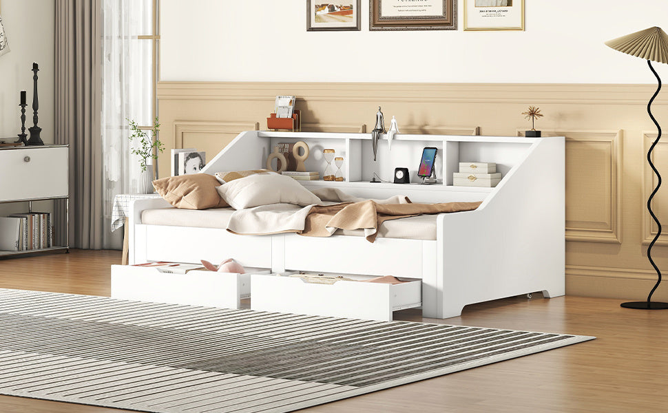 Twin to King Size Daybed Frame with Storage Bookcases and Two Drawers,Charging Design,White