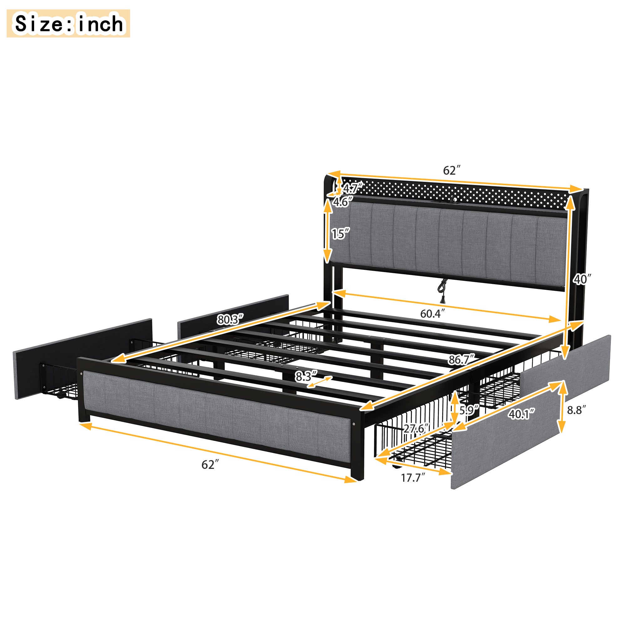 Queen Bed Frame with LED Headboard, Upholstered Bed with 4 Storage Drawers and USB Ports, Light Grey