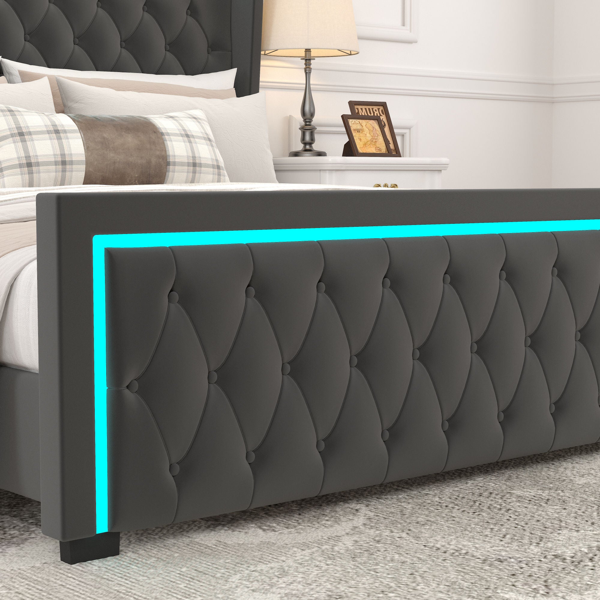 King Platform Bed Frame With High headboard, Velvet Upholstered Bed with Deep Tufted Buttons, Adjustable Colorful LED Light Decorative Headboard, Wide Wingbacks, Black