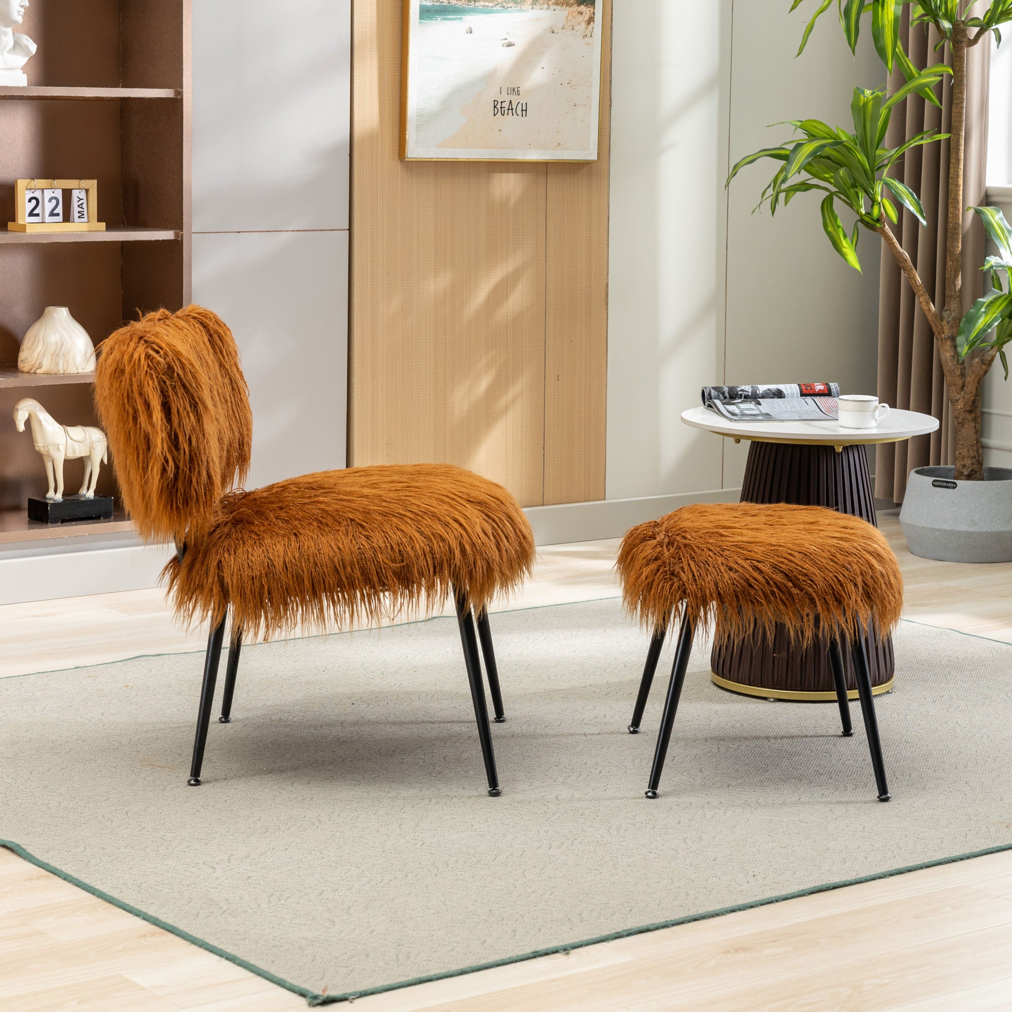 25.2'' Wide Faux Fur Plush Accent Chair With Ottoman, Living Room Chair With Footrest, Fluffy Upholstered Armless Chair And Stool, Comfy Mid Century Modern Chair for Living Room, Bedroom (Caramel)