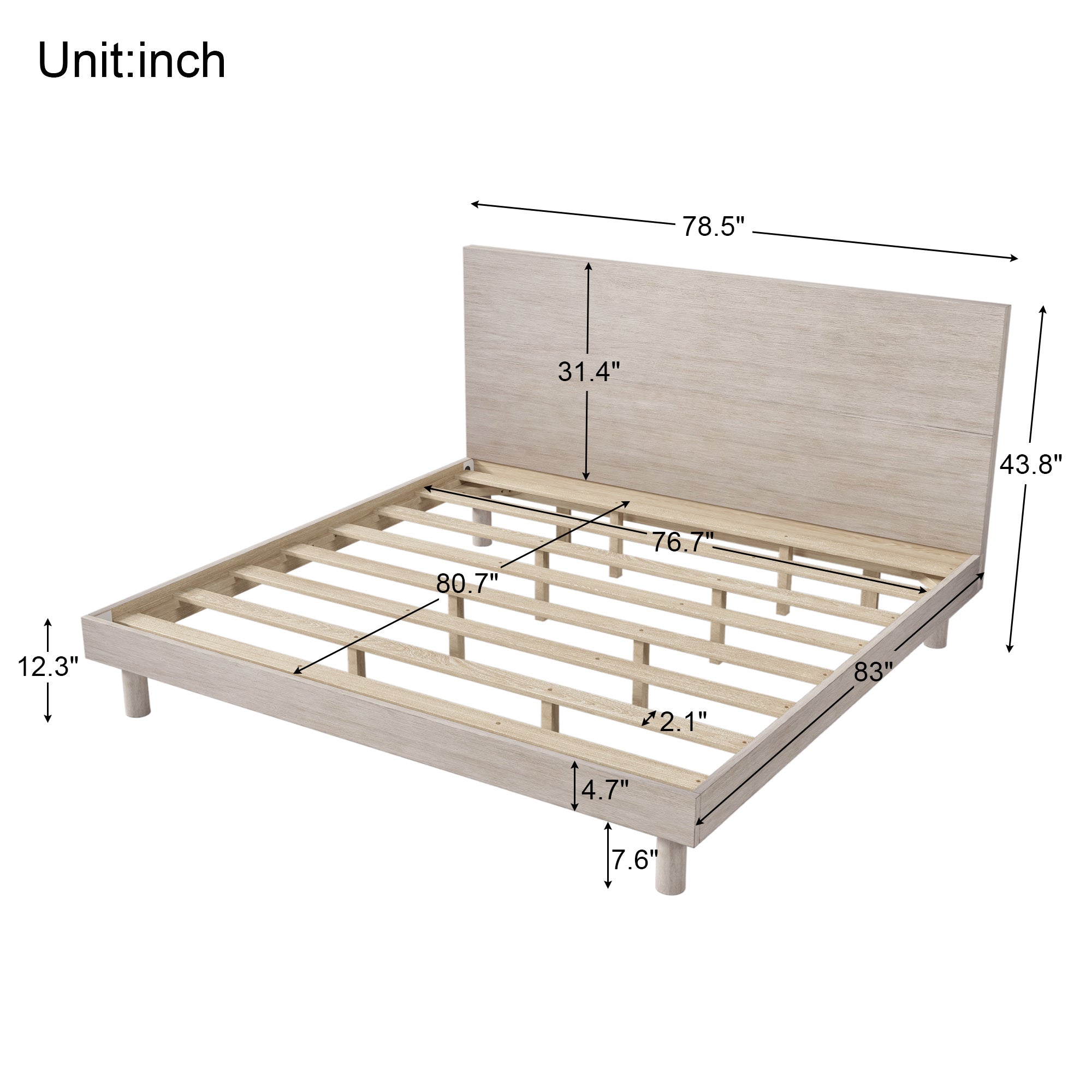 Modern Concise Style Solid Wood Grain Platform Bed Frame, King, Stone Gray