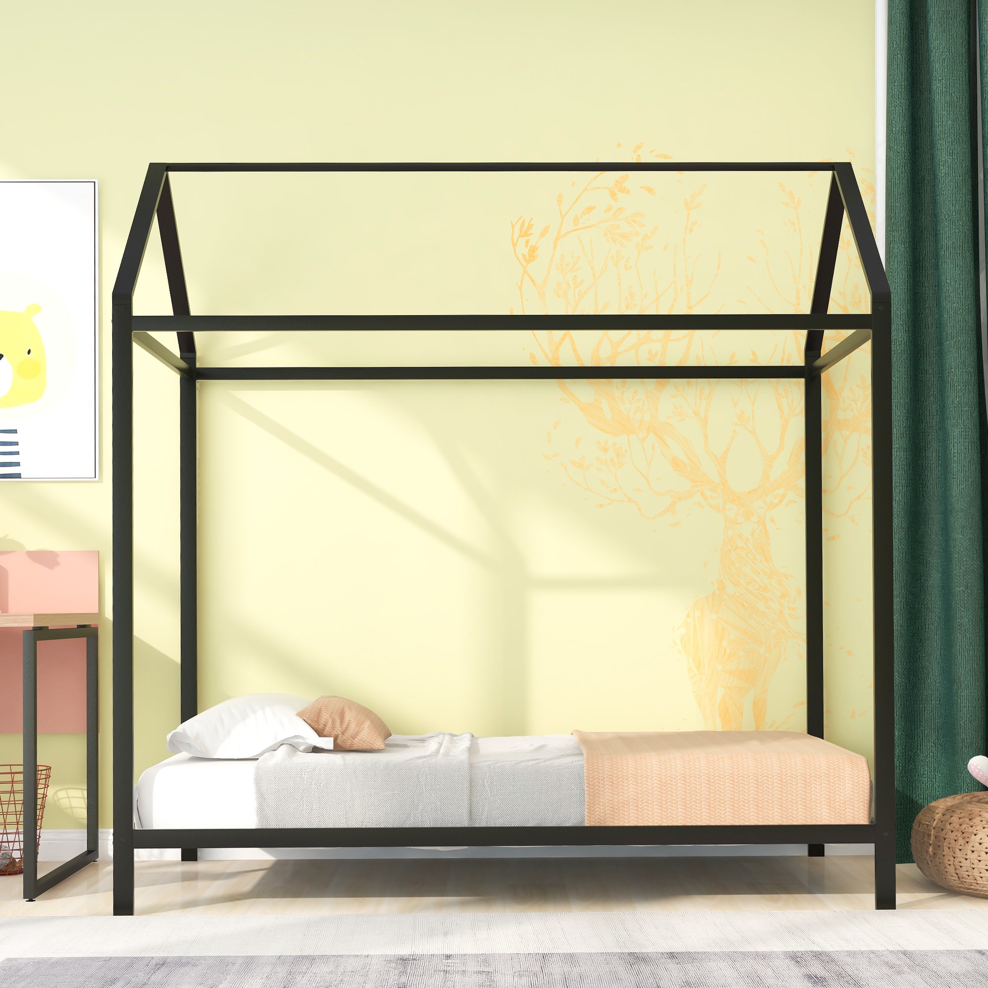 House Bed Frame Twin Size , Kids Bed Frame Metal Platform Bed Floor Bed for Kids Boys Girls No Box Spring Needed Black