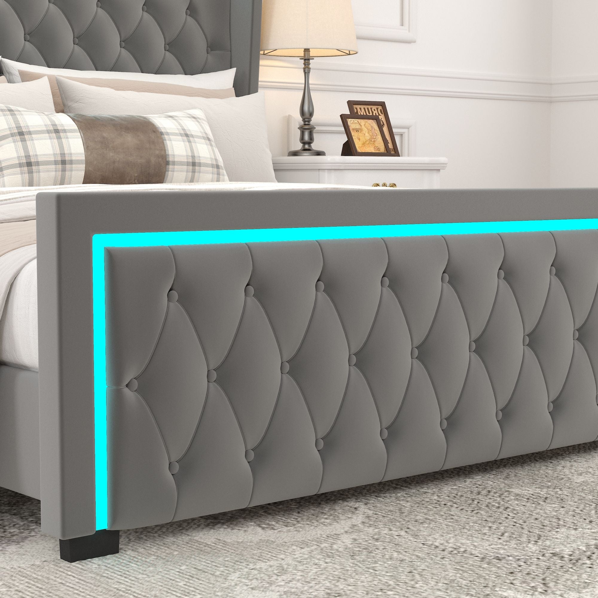 King Platform Bed Frame With High headboard, Velvet Upholstered Bed with Deep Tufted Buttons, Adjustable Colorful LED Light Decorative Headboard, Wide Wingbacks, GREY