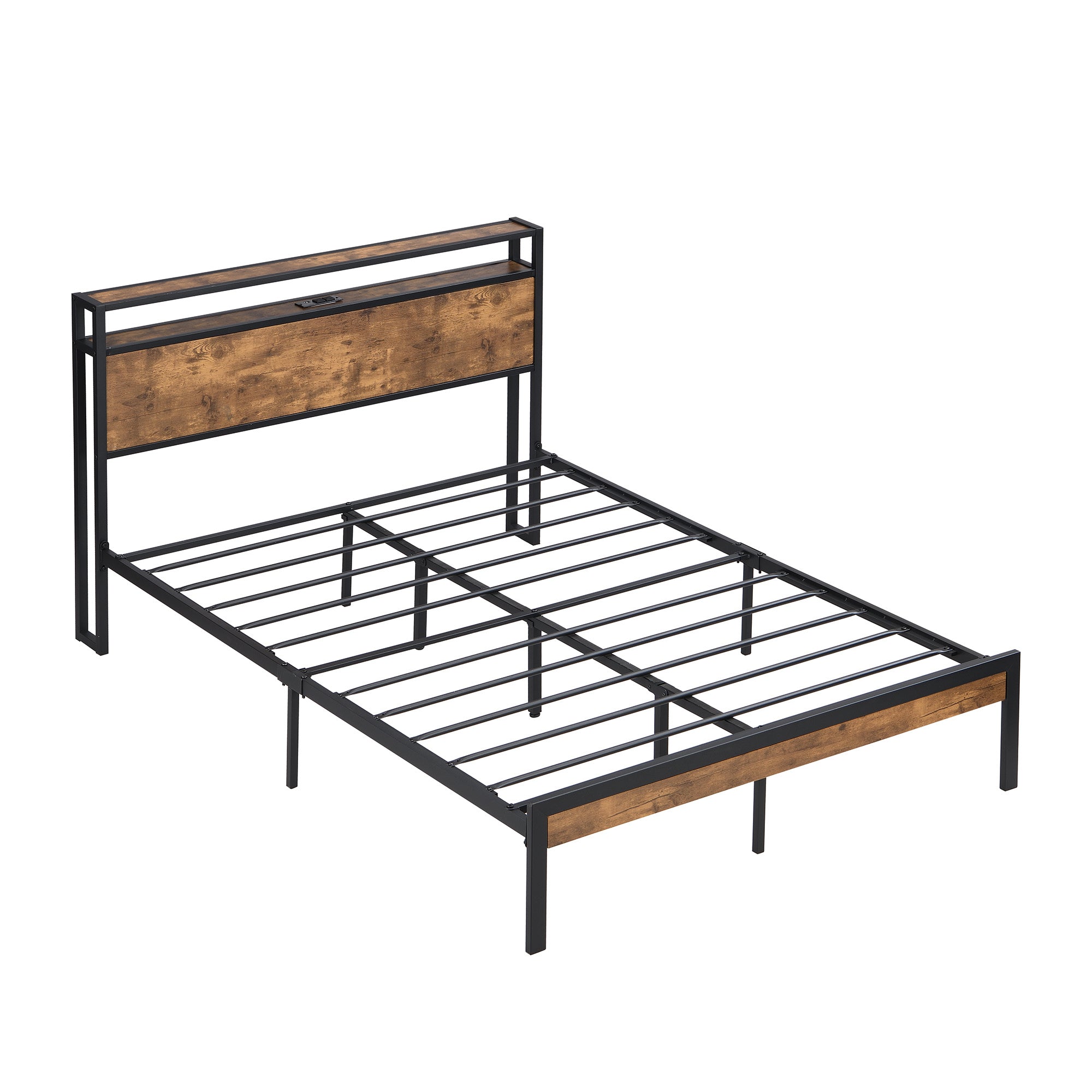 Full Size Metal Platform Bed Frame with Wooden Headboard and Footboard with USB LINER, No Box Spring Needed, Large Under Bed Storage, Easy Assemble