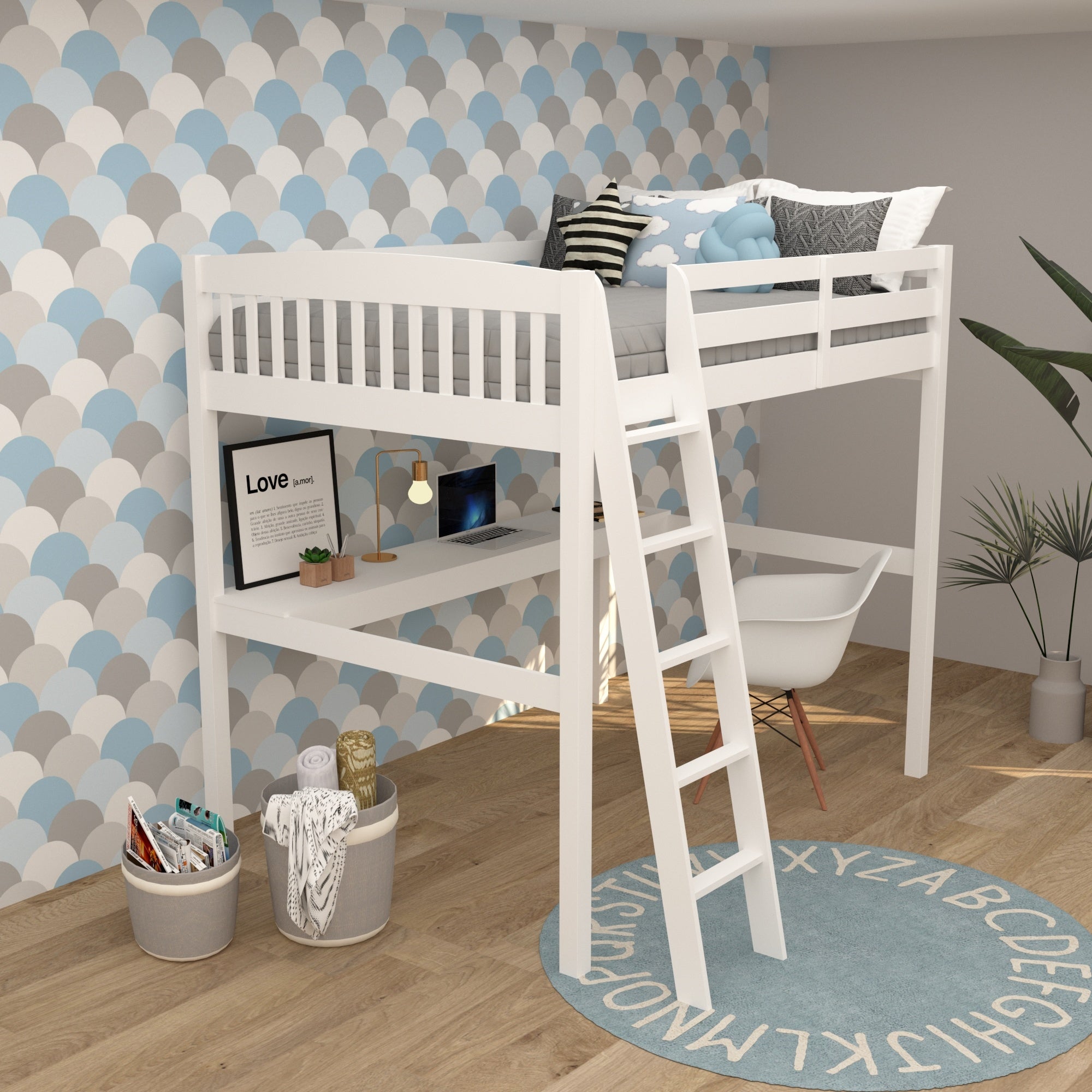 Everest White High Loft Bed with Desk and Storage, Heavy Duty Solid Wood Full Size Loft Bed Frame with Stairs for Kids and Toddlers, No Box Spring Needed