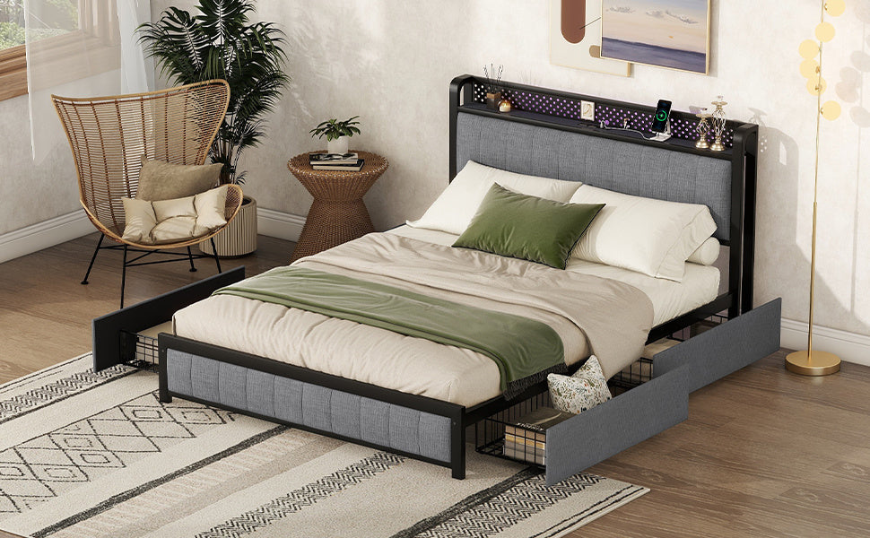 Queen Bed Frame with LED Headboard, Upholstered Bed with 4 Storage Drawers and USB Ports, Light Grey