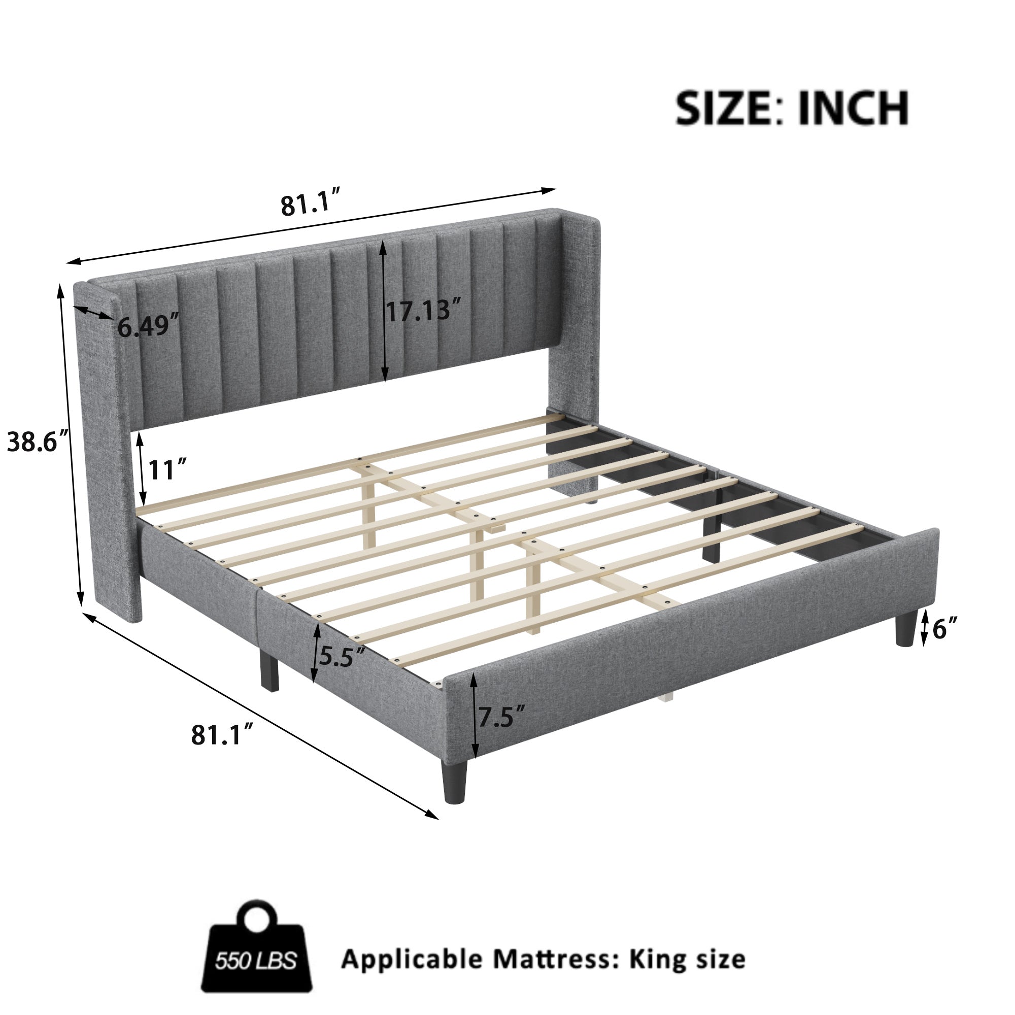 King size Upholstered Platform Bed Frame with Headboard, Mattress Foundation, Wood Slat Support, Quiet, no Box Spring Needed, Easy to Assemble Light Grey