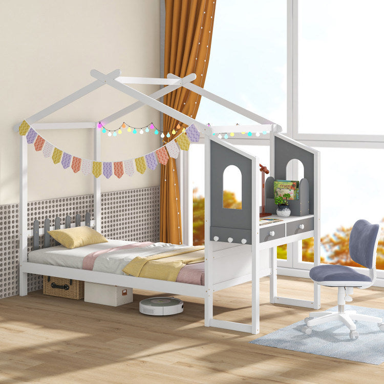 Twin/Full Bed Frame with House Roof Canopy and Fence for Kids