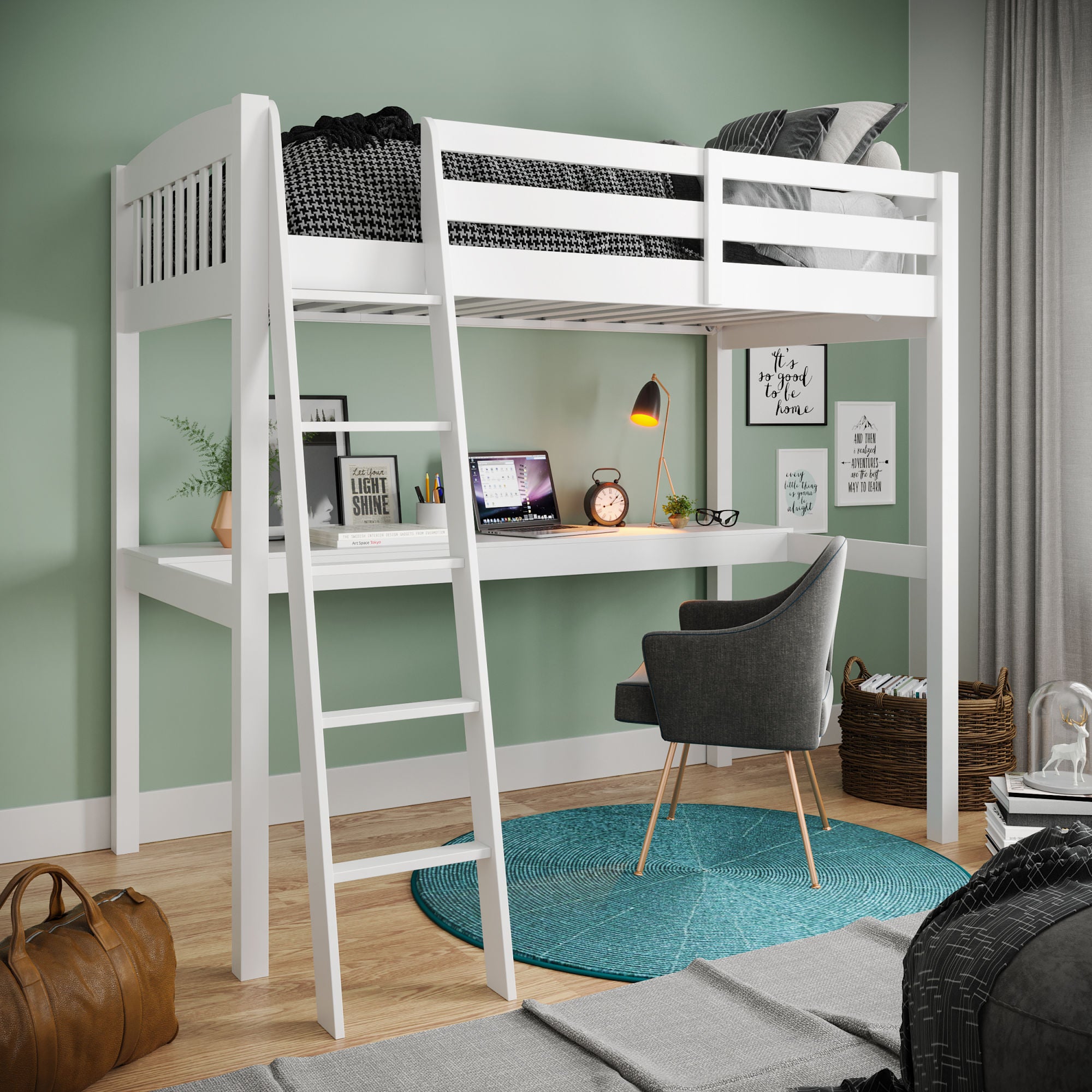 Everest White High Loft Bed with Desk and Storage, Heavy Duty Solid Wood Twin Size Loft Bed Frame with Stairs for Kids and Toddlers, No Box Spring Needed