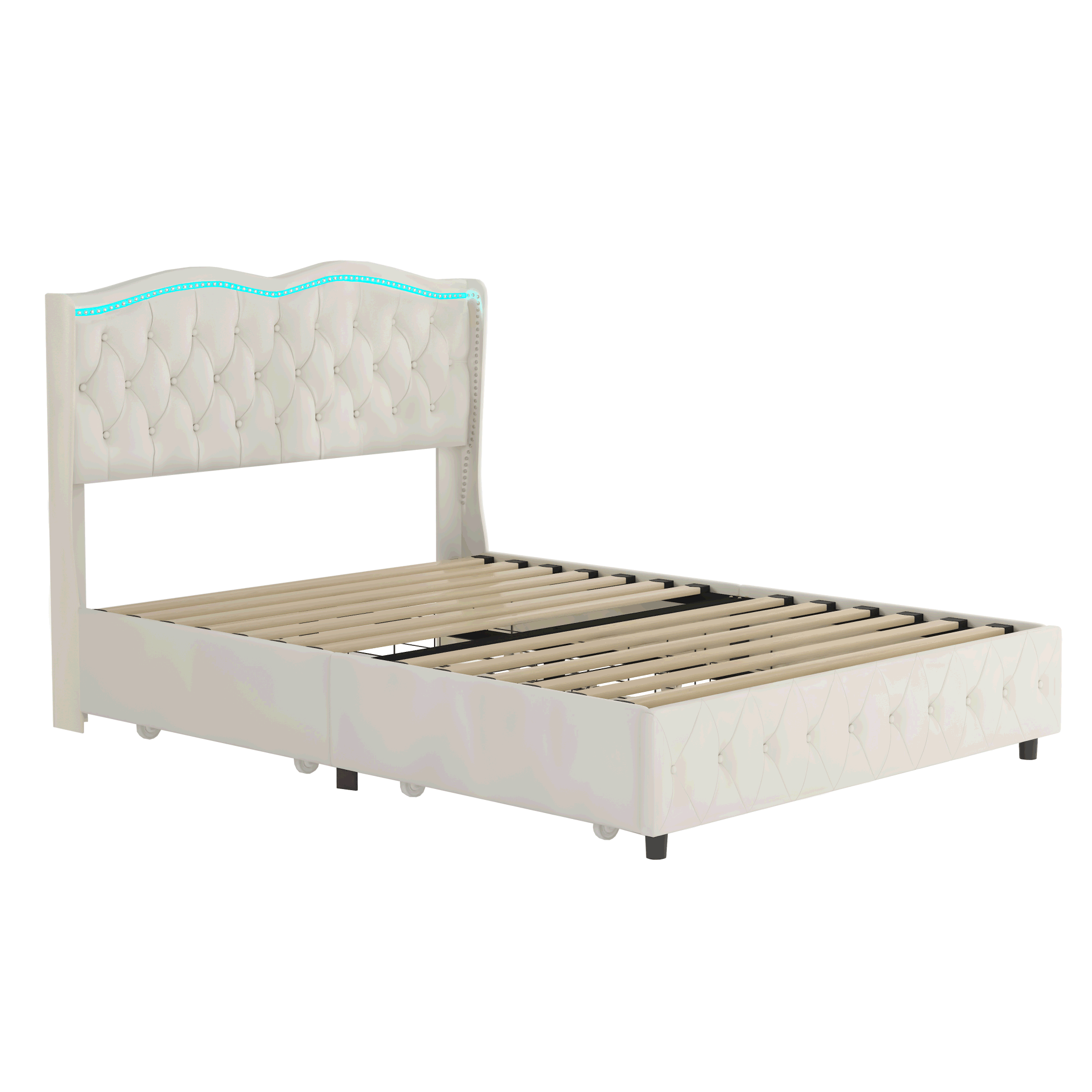 Queen Platform Bed Frame , Velvet Upholstered Bed with Deep Tufted Buttons and Nailhead Trim, Adjustable Colorful LED Light Decorative Headboard, Bed Sides with Pull-Out Storage 4 Drawers, Beige