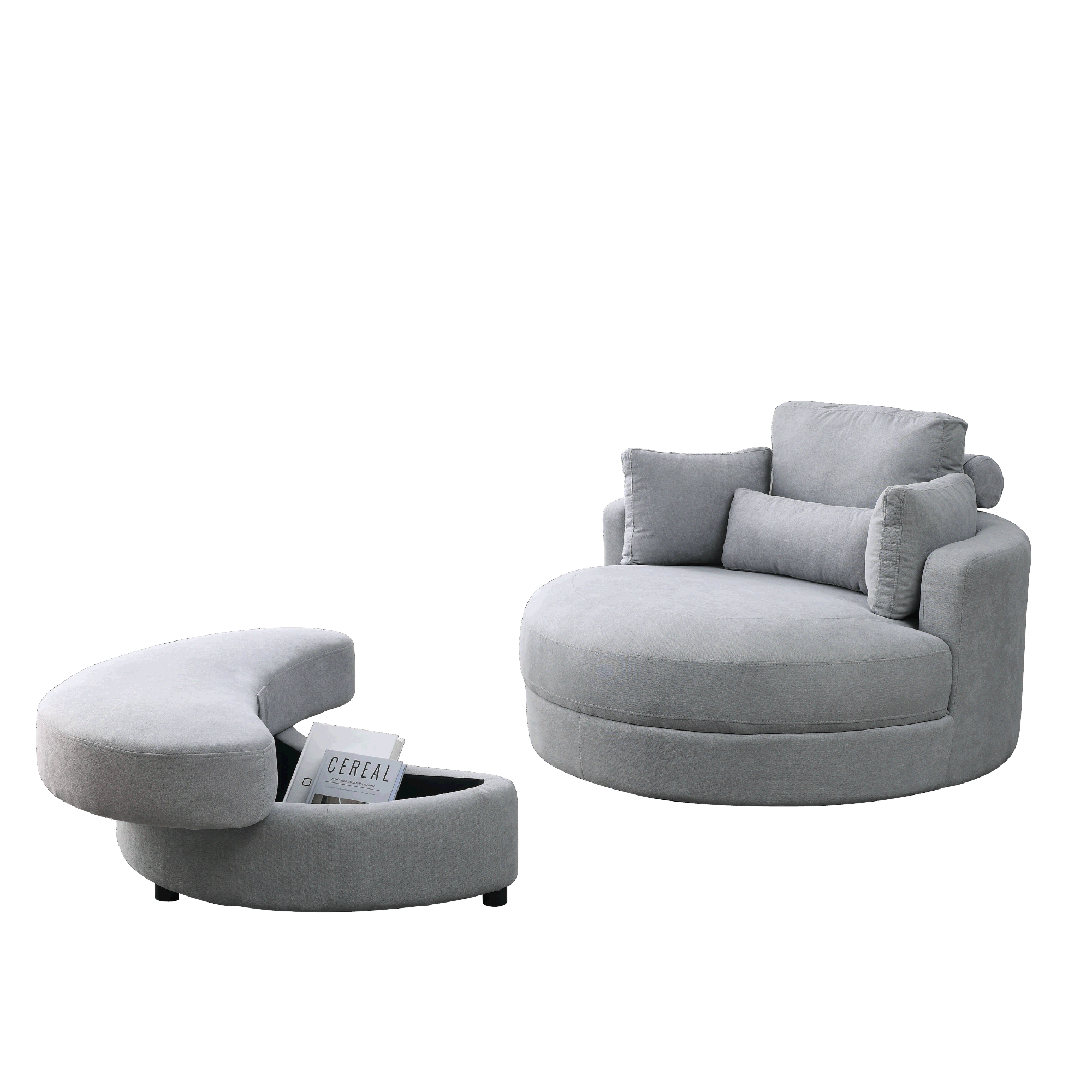 [Video] Welike Swivel Accent Barrel Modern Grey Sofa Lounge Club Big Round Chair with Storage Ottoman Linen Fabric for Living Room Hotel with Pillows