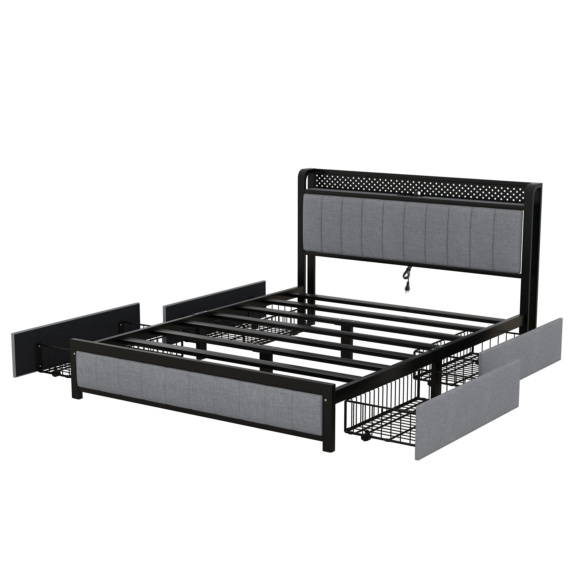 Queen Bed Frame with LED Headboard, Upholstered Bed with 4 Storage Drawers and USB Ports, Light Grey