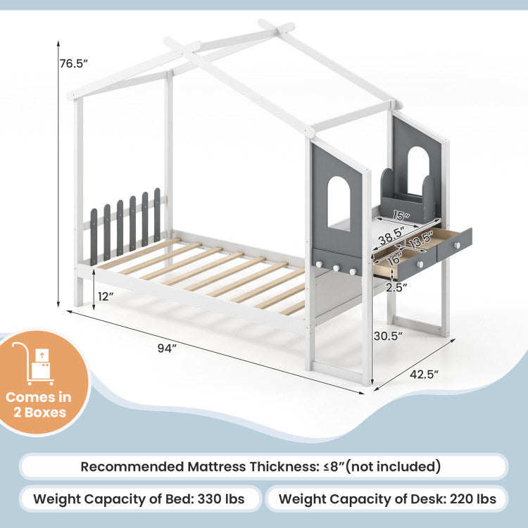 Twin/Full Bed Frame with House Roof Canopy and Fence for Kids