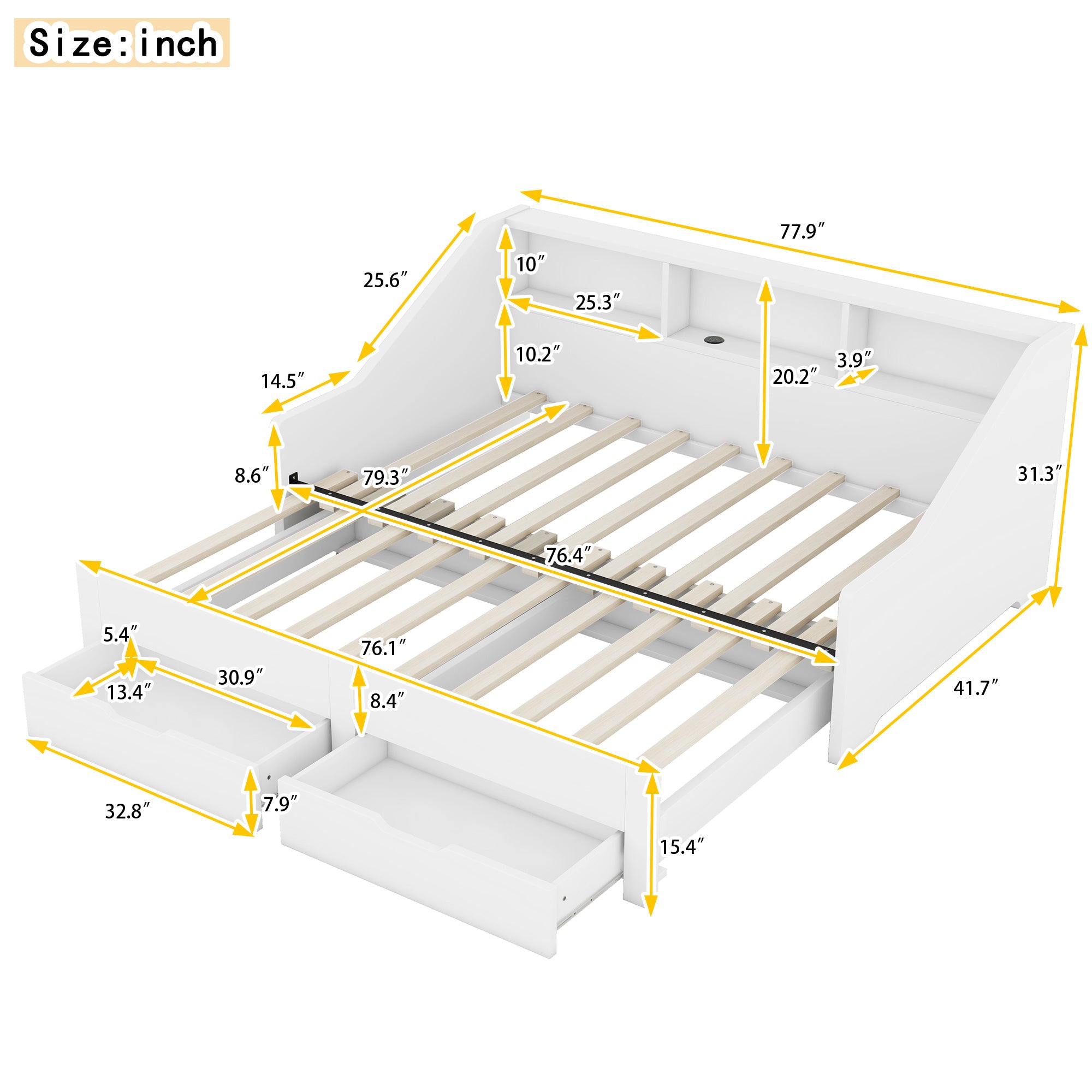 Twin to King Size Daybed Frame with Storage Bookcases and Two Drawers,Charging Design,White