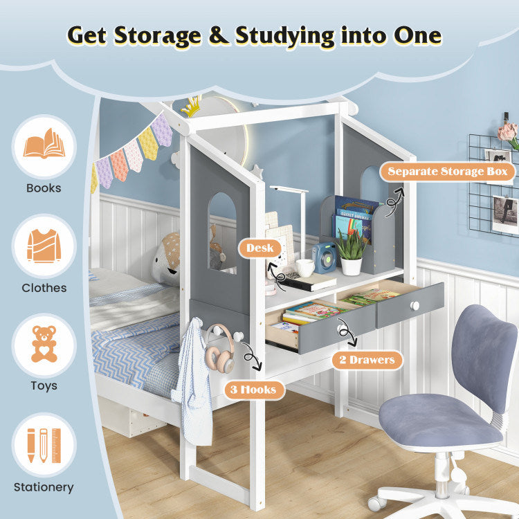 Twin/Full Bed Frame with House Roof Canopy and Fence for Kids