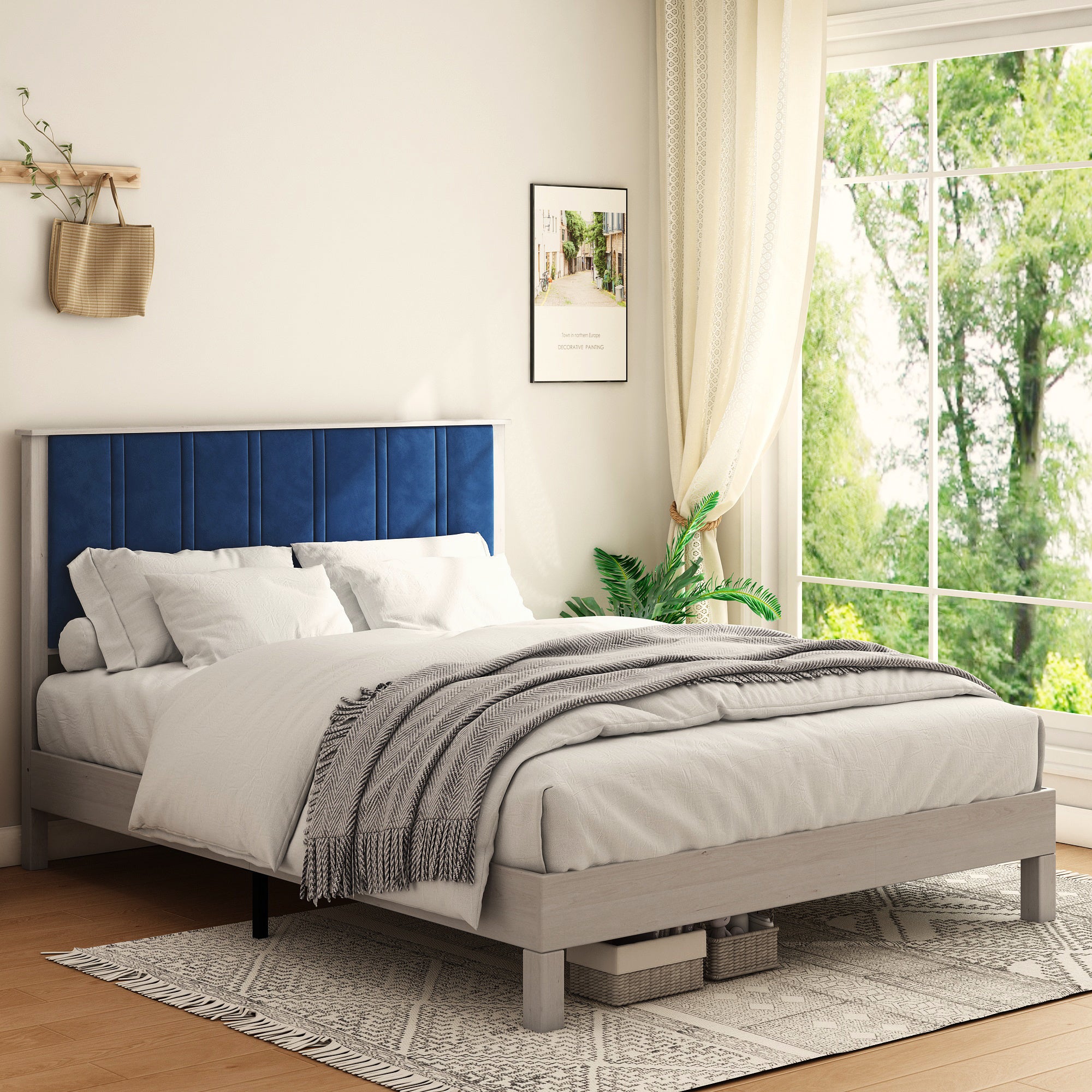 Queen Bed Frame, Wood with Wood Headboard Bed Frame with upholstered headboard / Wood Foundation with Wood Slat Support / No Box Spring Needed / Easy Assembly