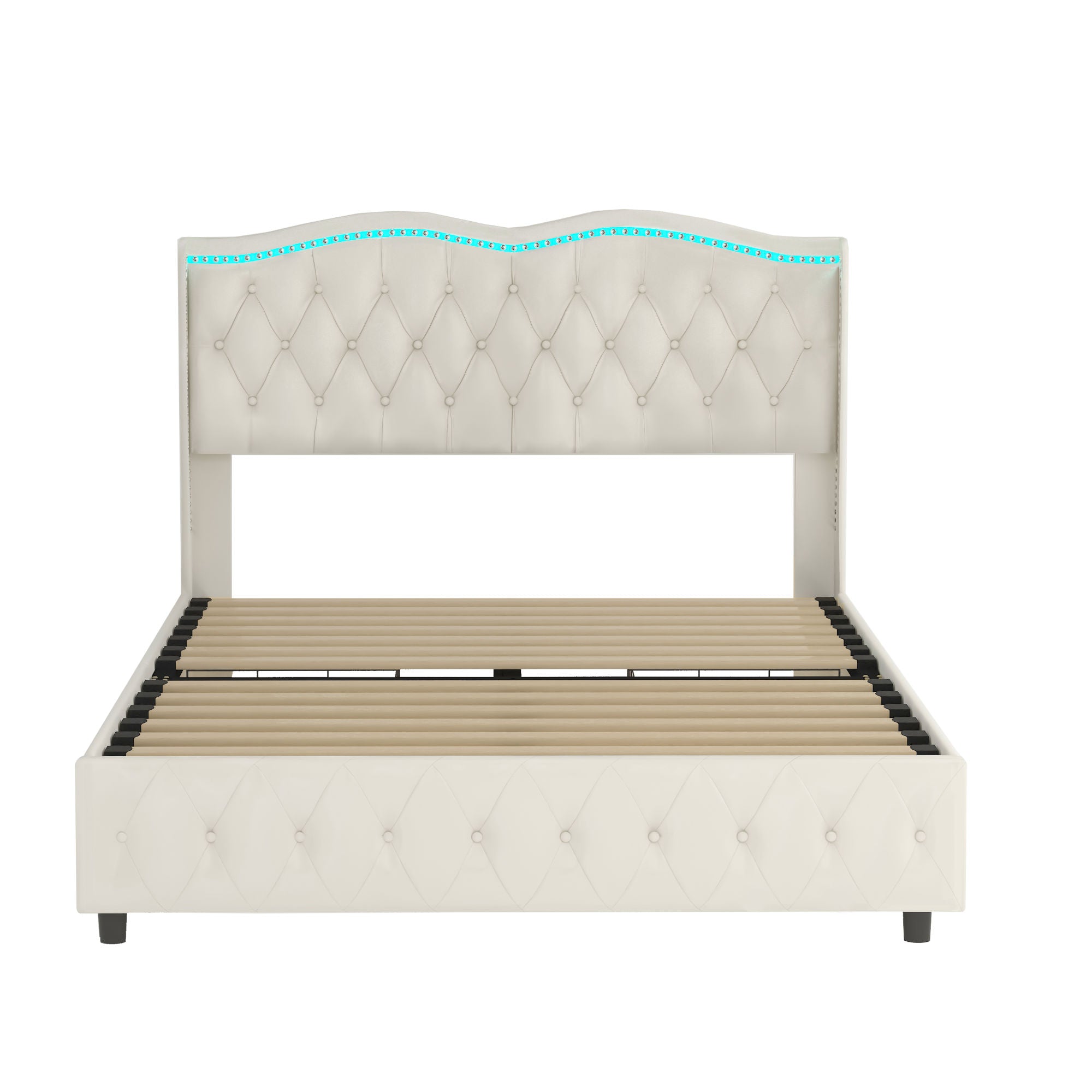 Queen Platform Bed Frame , Velvet Upholstered Bed with Deep Tufted Buttons and Nailhead Trim, Adjustable Colorful LED Light Decorative Headboard, Bed Sides with Pull-Out Storage 4 Drawers, Beige