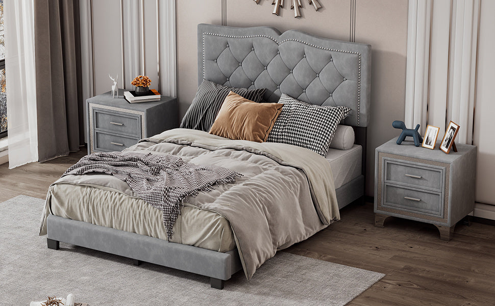 Full Size Upholstered Bed Frame with Rivet Design, Modern Velvet Platform Bed with Tufted Headboard,Gray