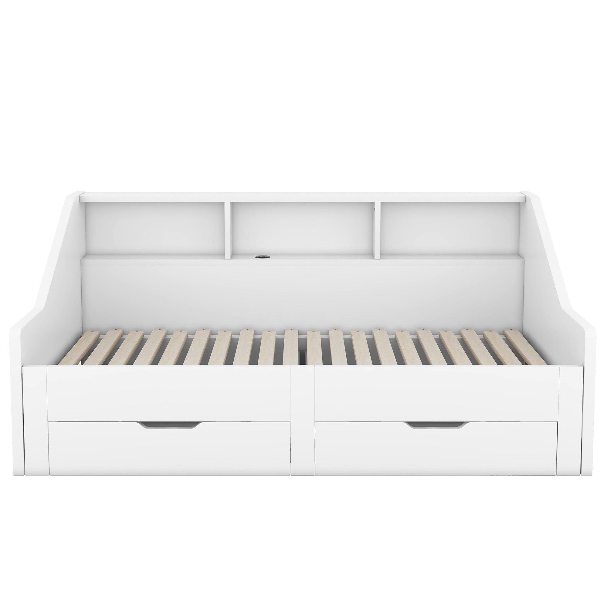 Twin to King Size Daybed Frame with Storage Bookcases and Two Drawers,Charging Design,White