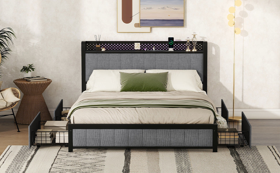 Queen Bed Frame with LED Headboard, Upholstered Bed with 4 Storage Drawers and USB Ports, Light Grey