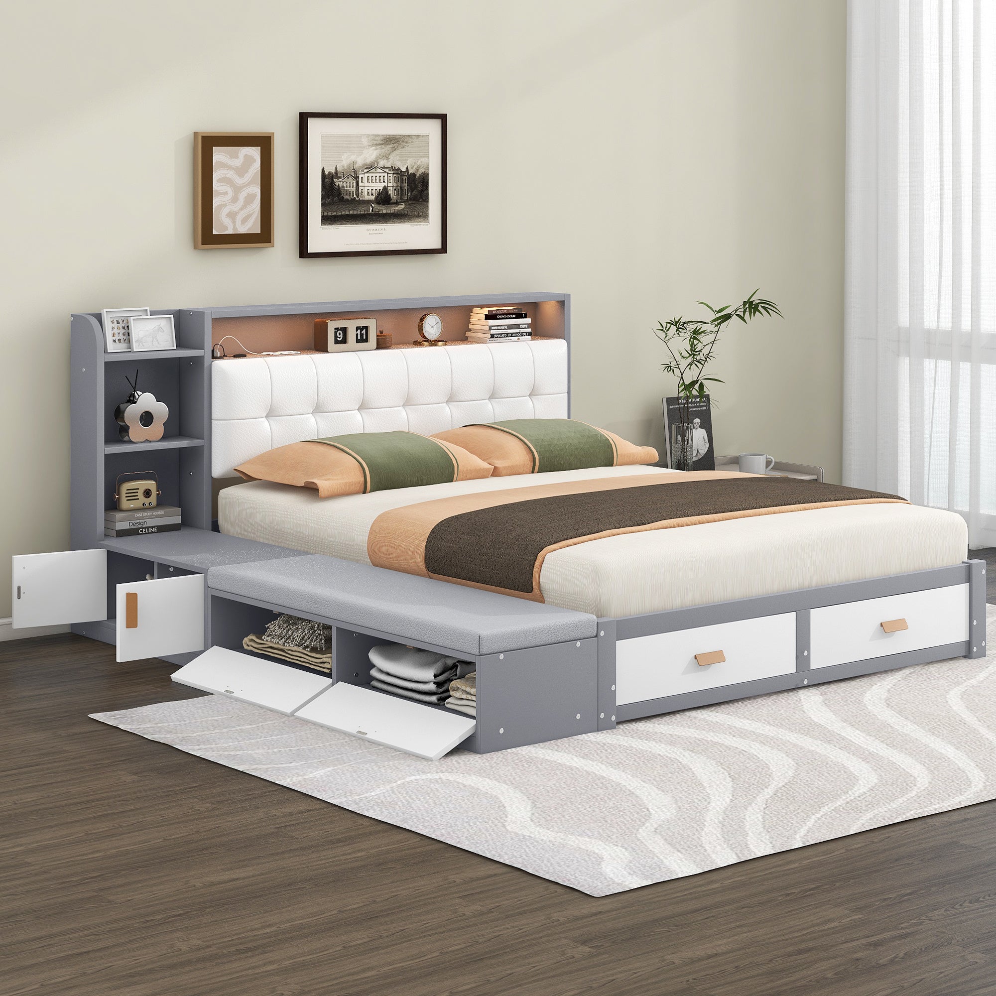 Queen Size Low Profile Platform Bed Frame with Upholstery Headboard and Storage Shelves and Drawers,USB Charging Design,Gray