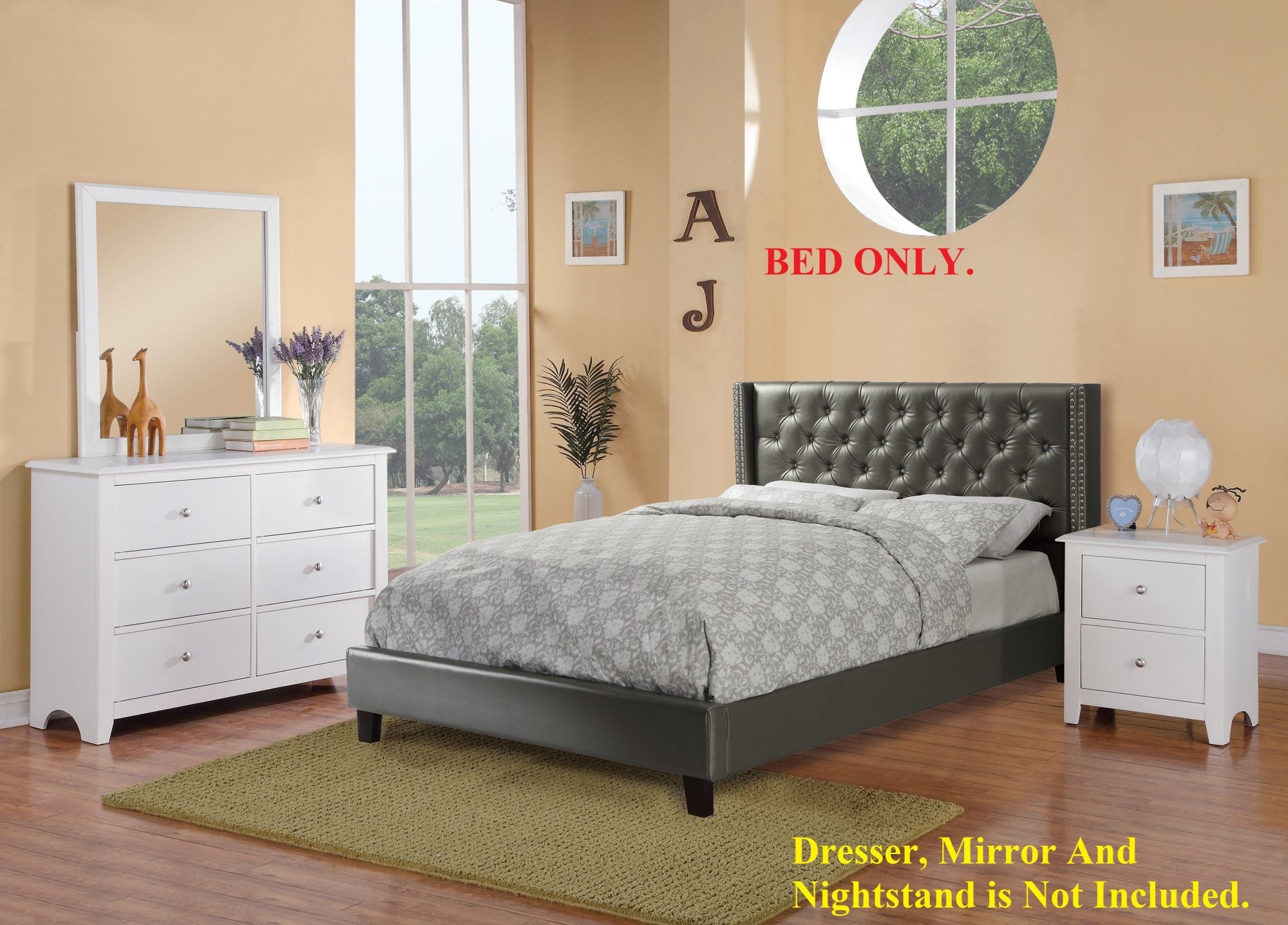 Full Size Bed 1pc Bed Set Silver Faux Leather Upholstered Tufted Bed Frame Headboard Bedroom Furniture