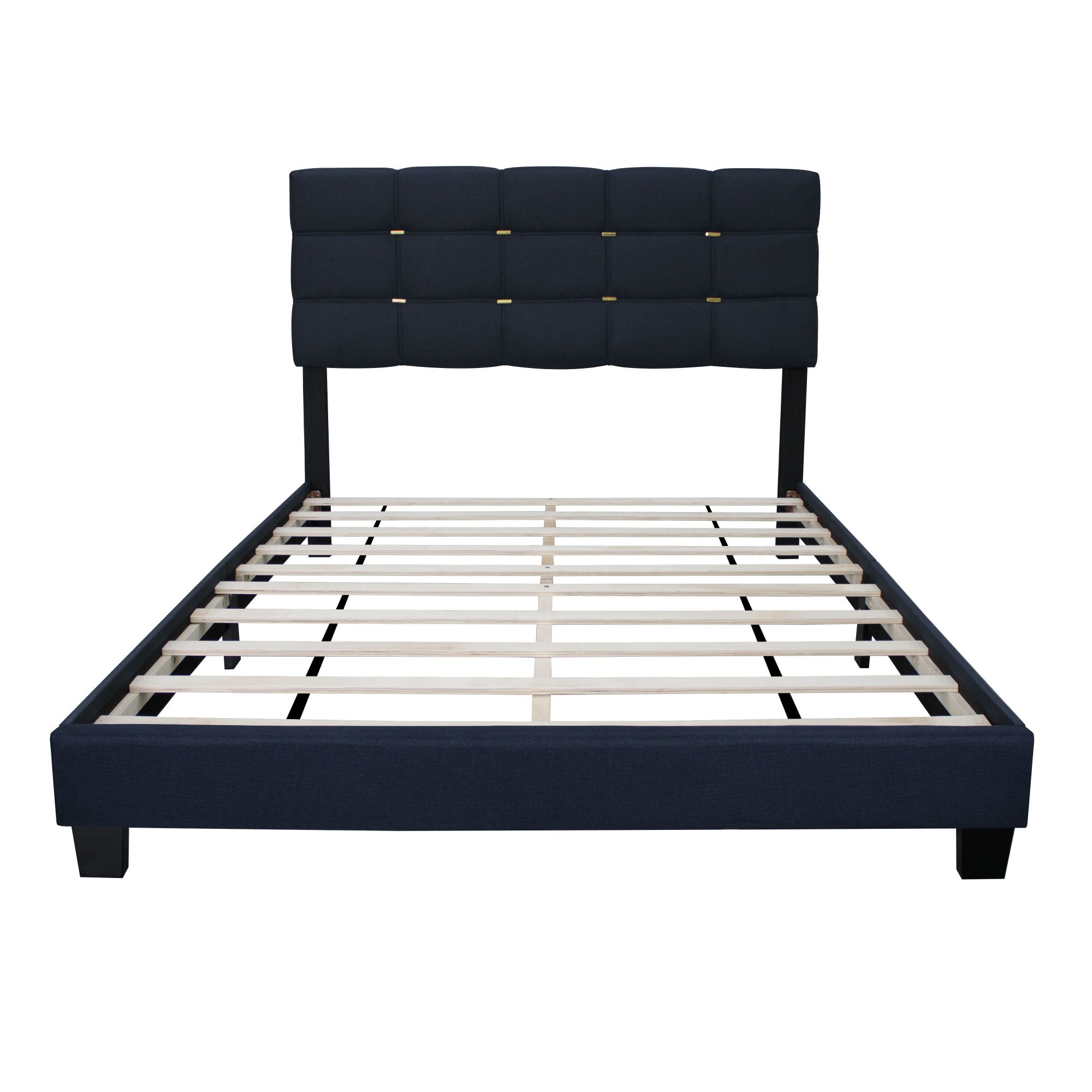 THE BLACK SERIES QUEEN SIZE ADJUSTABLE UPHOLSTERED BED FRAME WITH GOLD ACCENTS ON THE HEADBOARD HAS AN ELEGANT LOOK AND REQUIRES NO SPRINGS!