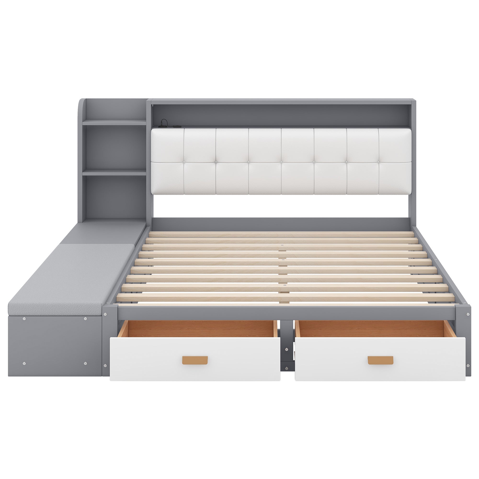 Queen Size Low Profile Platform Bed Frame with Upholstery Headboard and Storage Shelves and Drawers,USB Charging Design,Gray