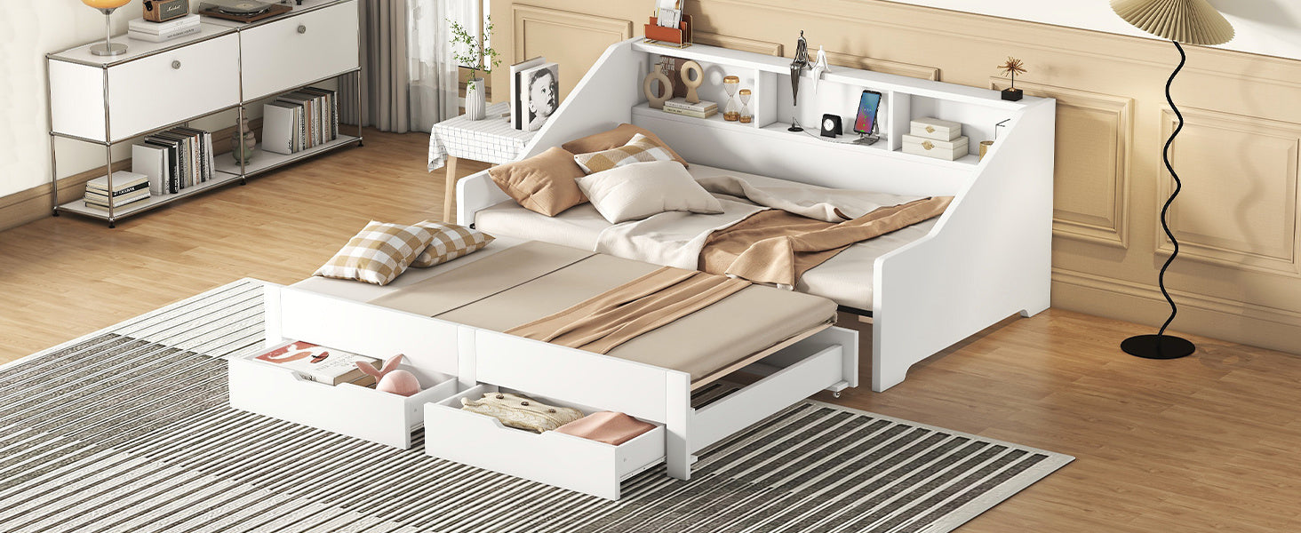 Twin to King Size Daybed Frame with Storage Bookcases and Two Drawers,Charging Design,White