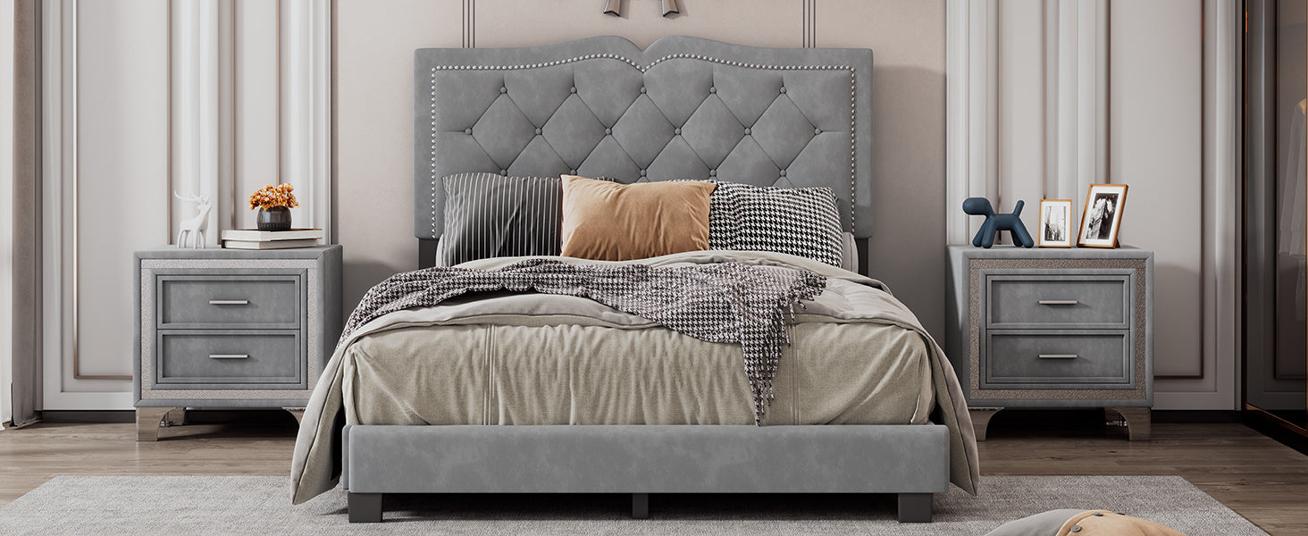 Full Size Upholstered Bed Frame with Rivet Design, Modern Velvet Platform Bed with Tufted Headboard,Gray