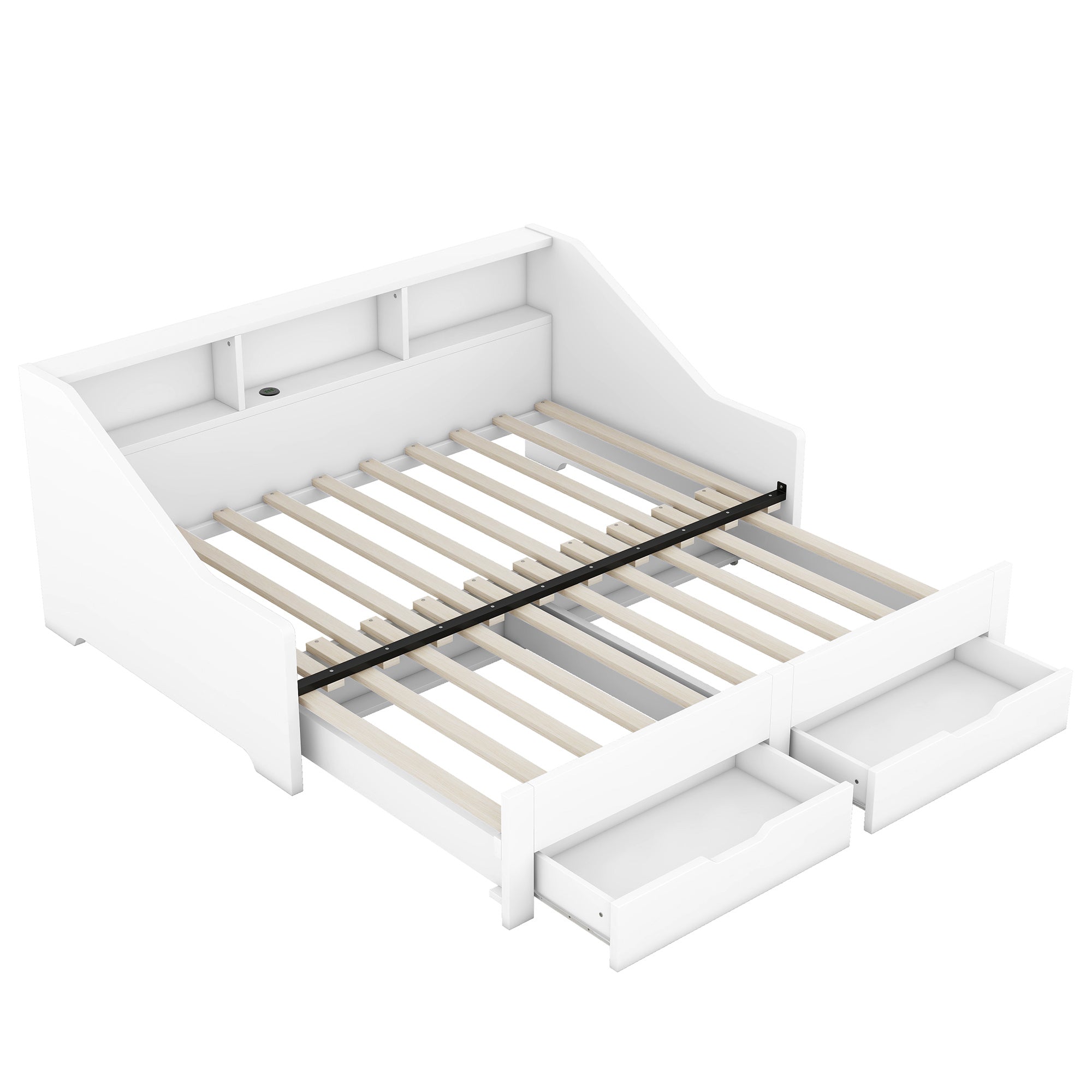 Twin to King Size Daybed Frame with Storage Bookcases and Two Drawers,Charging Design,White