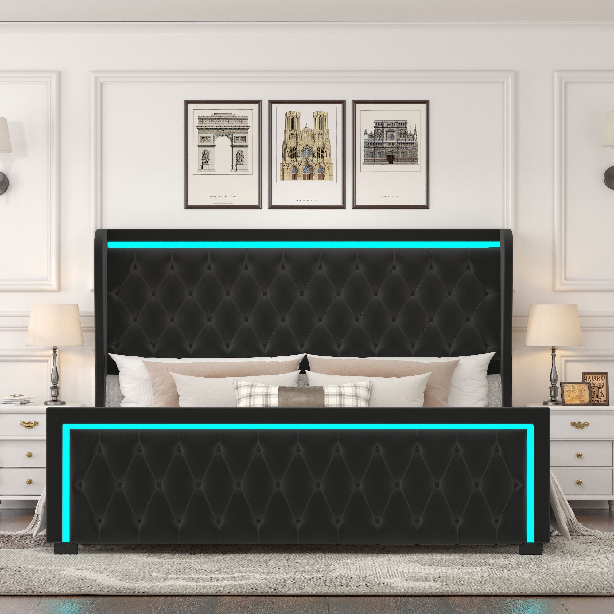 King Platform Bed Frame With High headboard, Velvet Upholstered Bed with Deep Tufted Buttons, Adjustable Colorful LED Light Decorative Headboard, Wide Wingbacks, Black