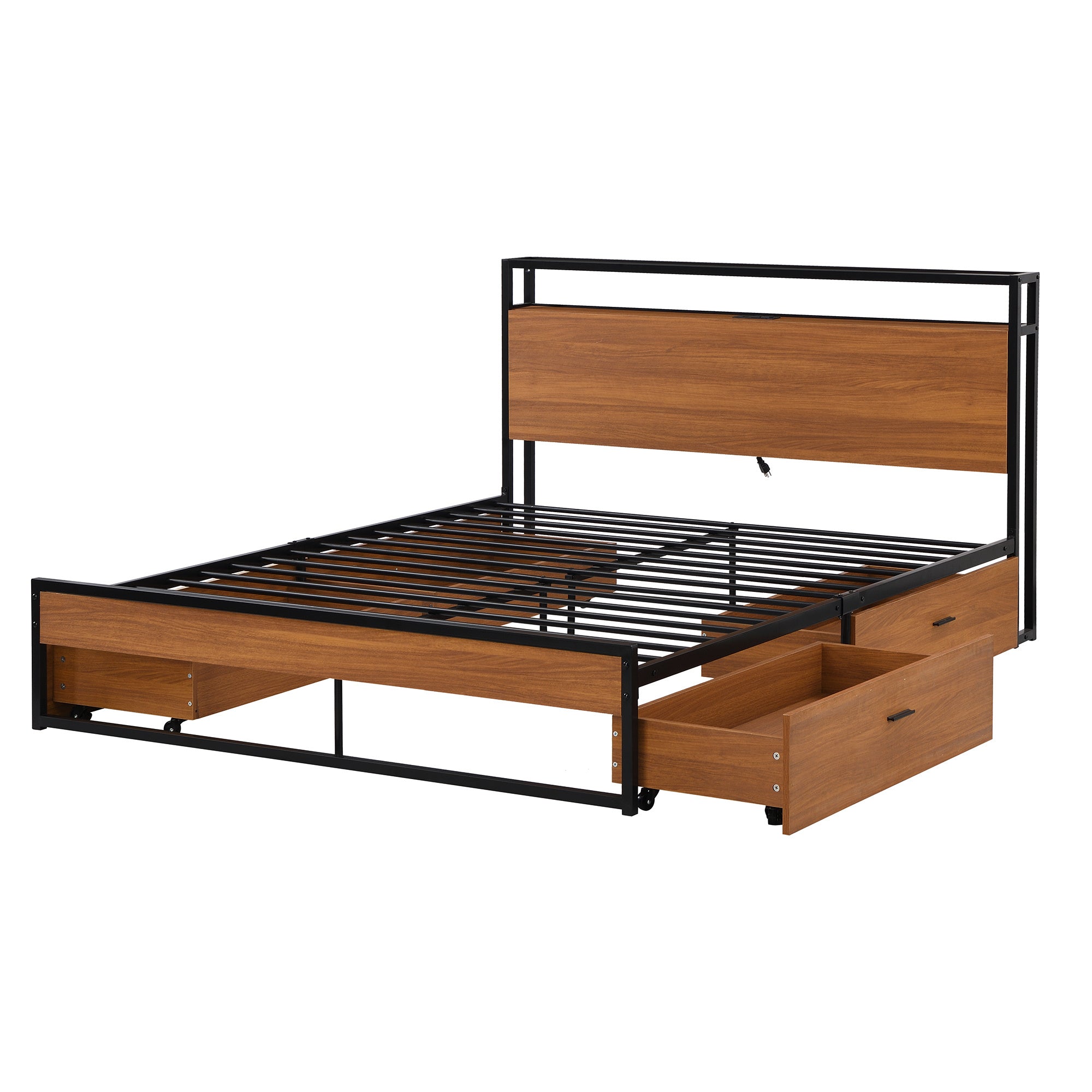 Queen Size Metal Platform Bed Frame with Four Drawer, Sockets and USB Ports, Slat Support No Box Spring Needed Black