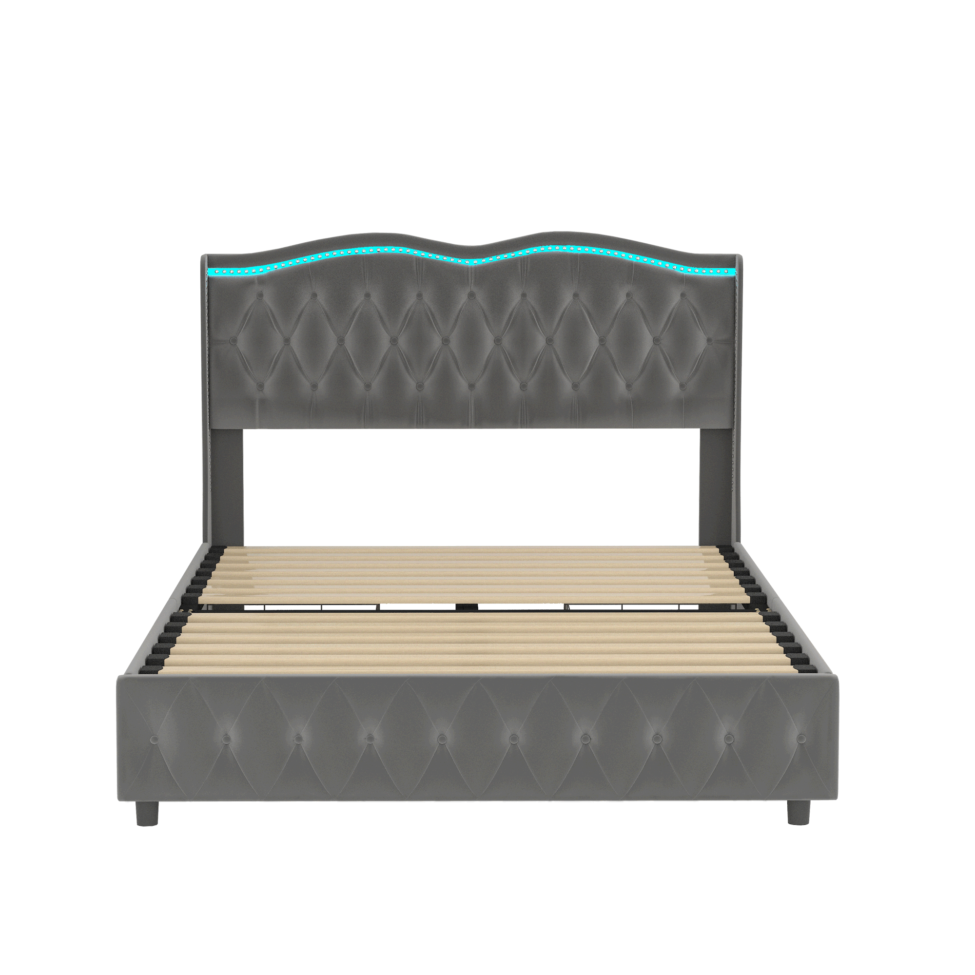 Queen Platform Bed Frame , Velvet Upholstered Bed with Deep Tufted Buttons and Nailhead Trim, Adjustable Colorful LED Light Decorative Headboard, Bed Sides with Pull-Out Storage 4 Drawers, Grey