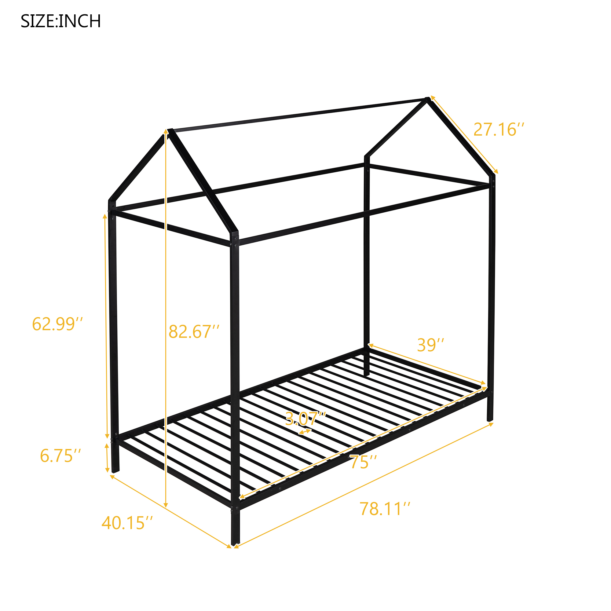 House Bed Frame Twin Size , Kids Bed Frame Metal Platform Bed Floor Bed for Kids Boys Girls No Box Spring Needed Black