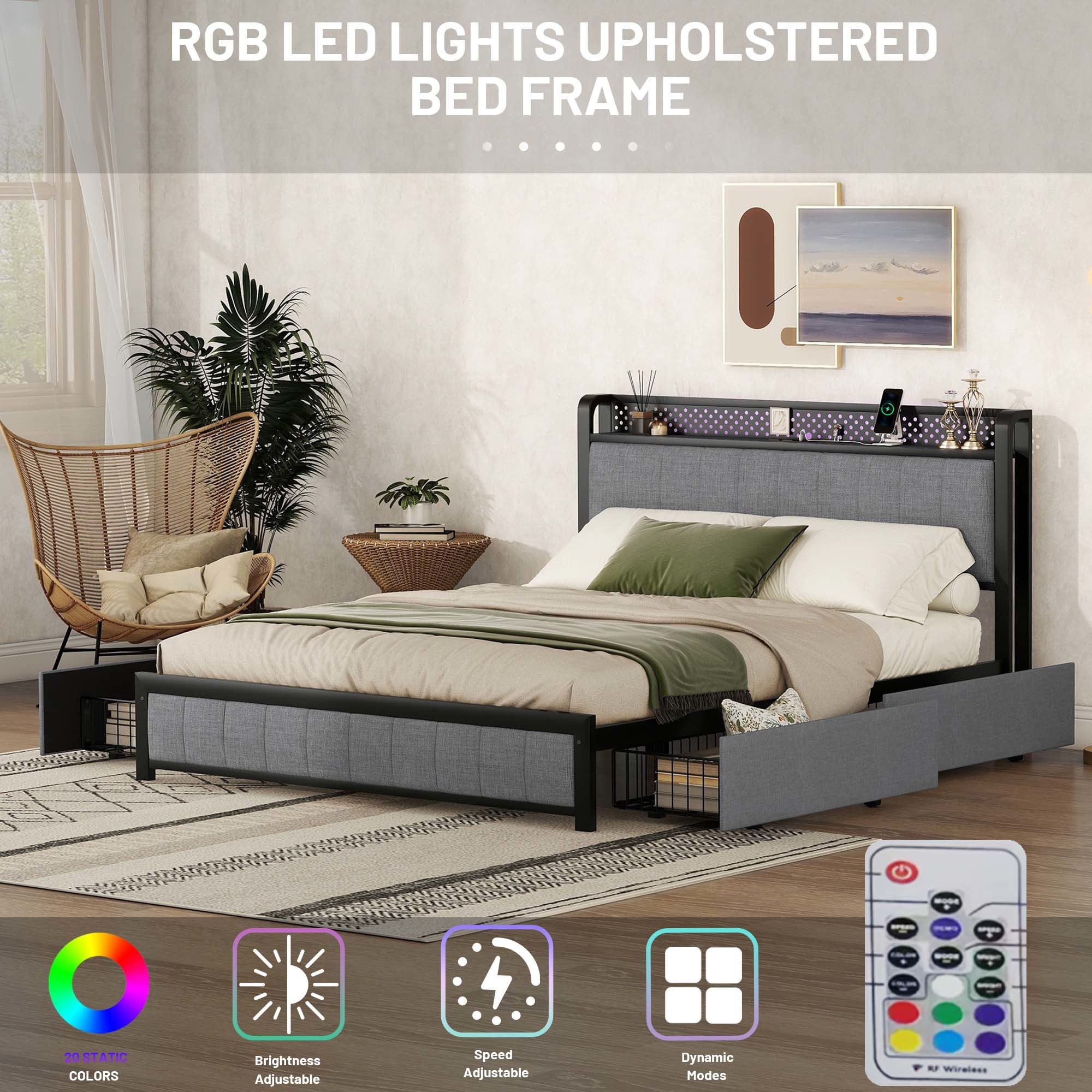 Queen Bed Frame with LED Headboard, Upholstered Bed with 4 Storage Drawers and USB Ports, Light Grey