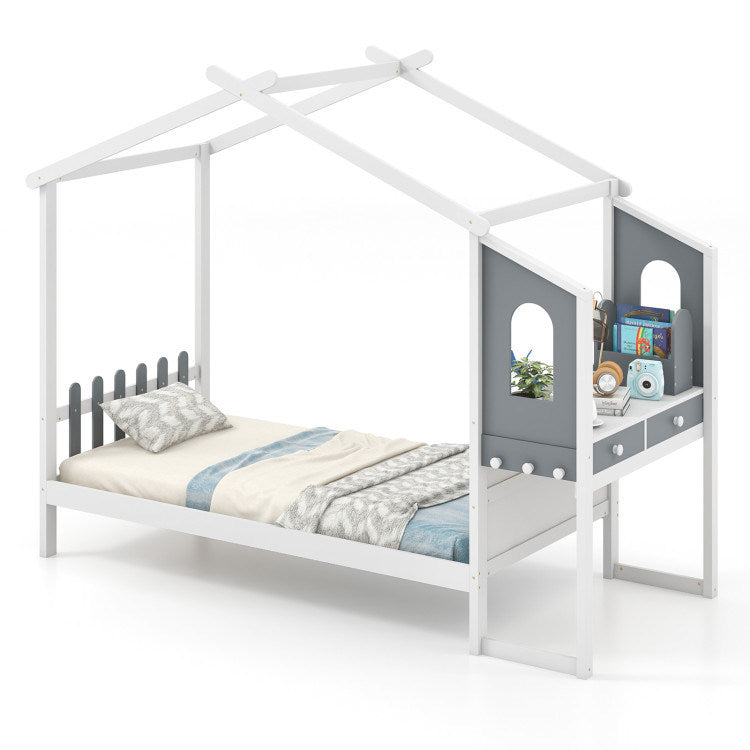 Twin/Full Bed Frame with House Roof Canopy and Fence for Kids