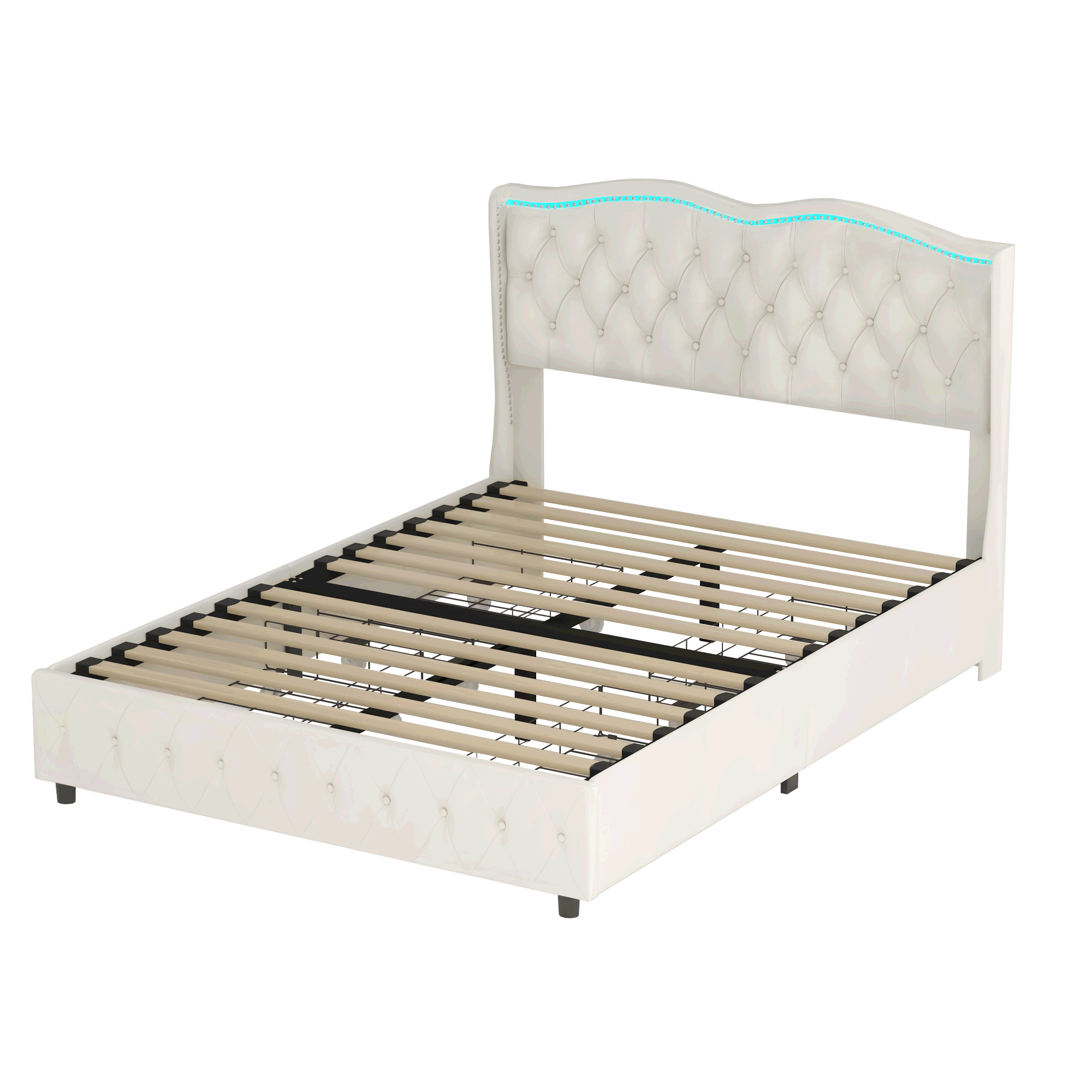 Queen Platform Bed Frame , Velvet Upholstered Bed with Deep Tufted Buttons and Nailhead Trim, Adjustable Colorful LED Light Decorative Headboard, Bed Sides with Pull-Out Storage 4 Drawers, Beige