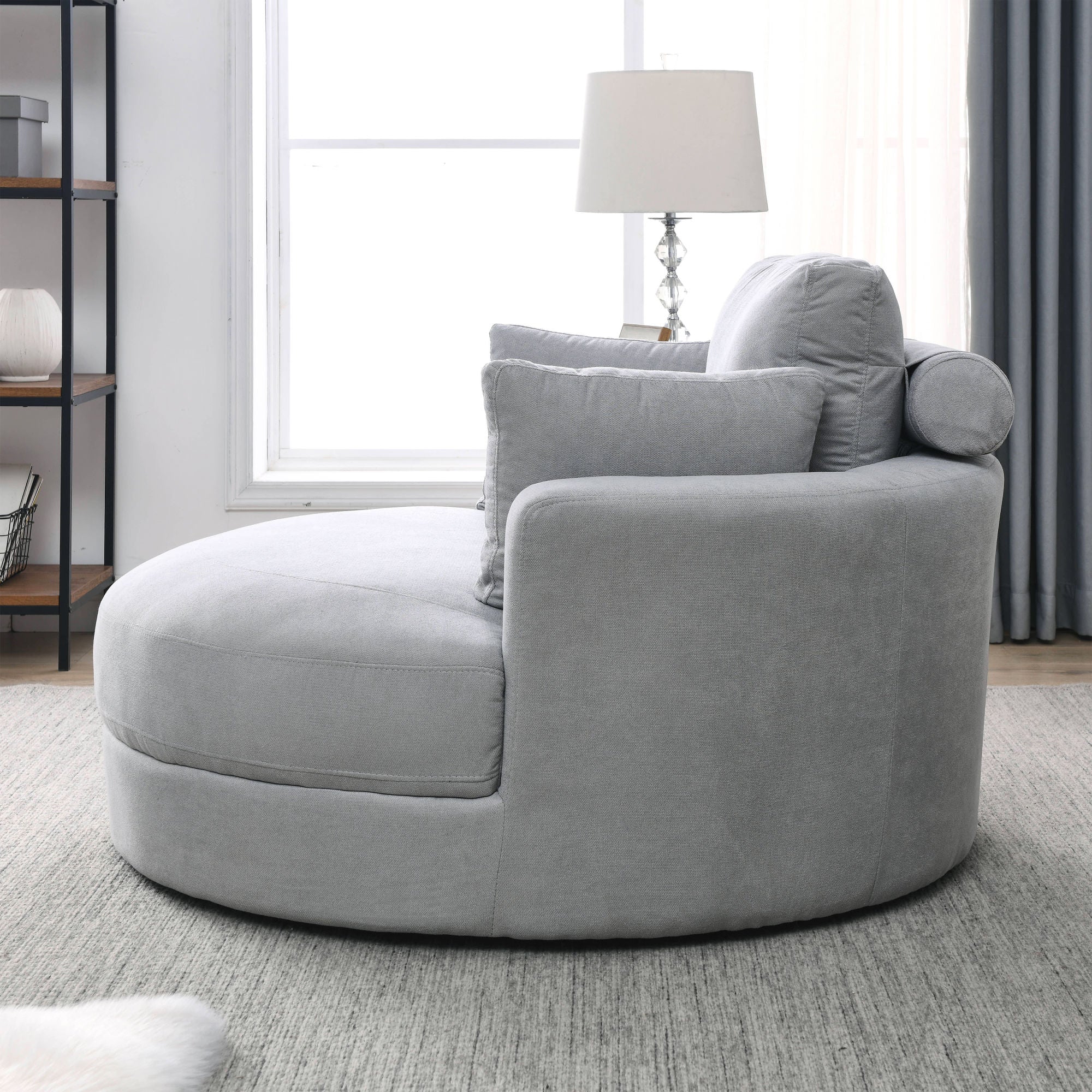 [Video] Welike Swivel Accent Barrel Modern Grey Sofa Lounge Club Big Round Chair with Storage Ottoman Linen Fabric for Living Room Hotel with Pillows